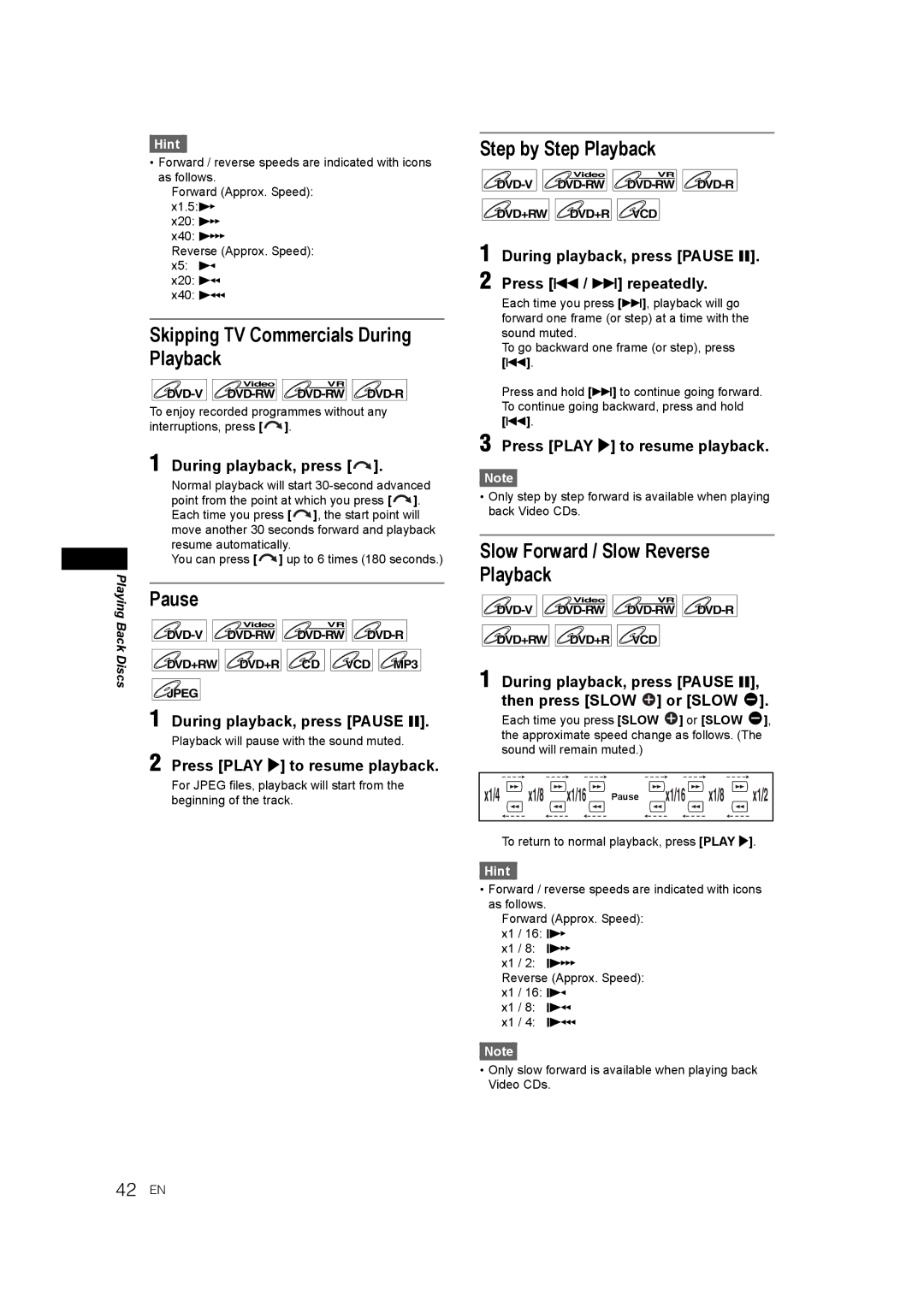 JVC E9770ED/1VMN, 0905TNH-FN-FN manual Skipping TV Commercials During Playback, Pause, Step by Step Playback, 42 EN 