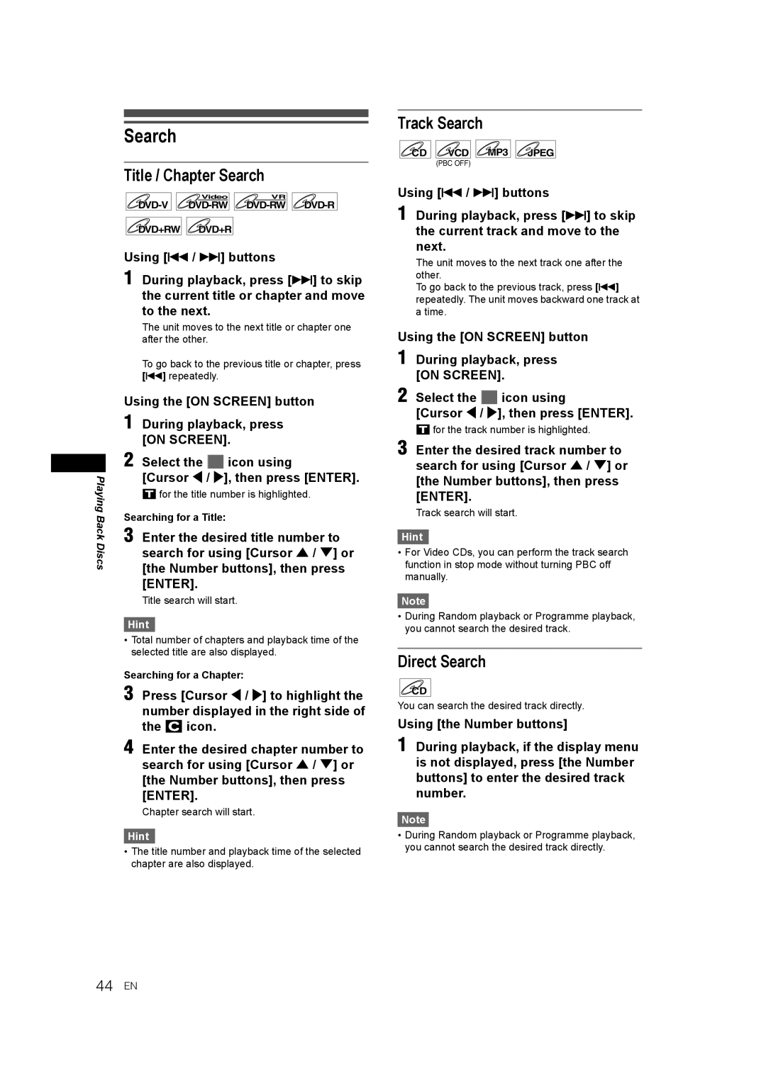 JVC E9770ED/1VMN, 0905TNH-FN-FN manual Title / Chapter Search, Track Search, Direct Search, 44 EN 