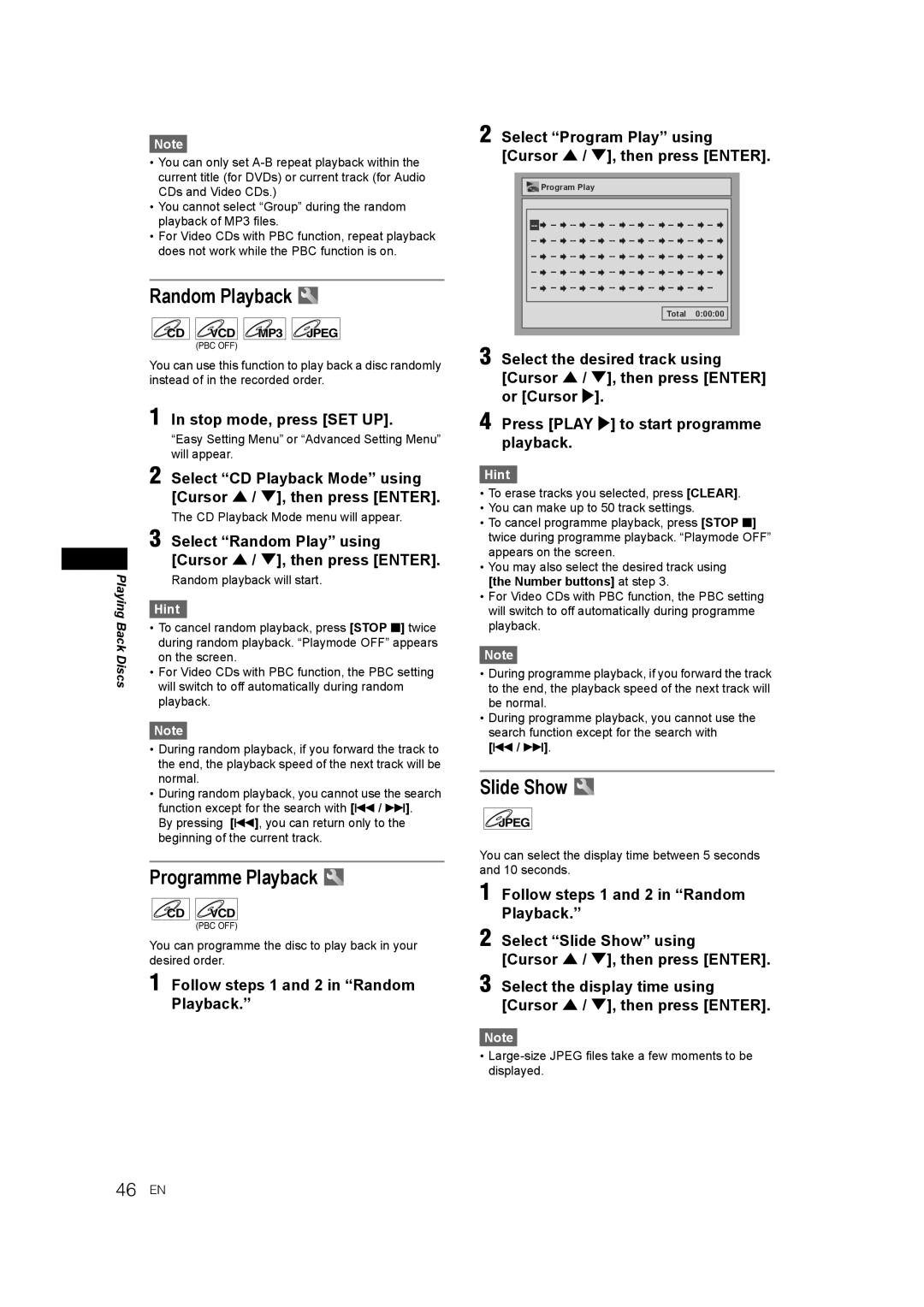 JVC E9770ED/1VMN, 0905TNH-FN-FN manual Random Playback, Programme Playback, Slide Show, 46 EN 