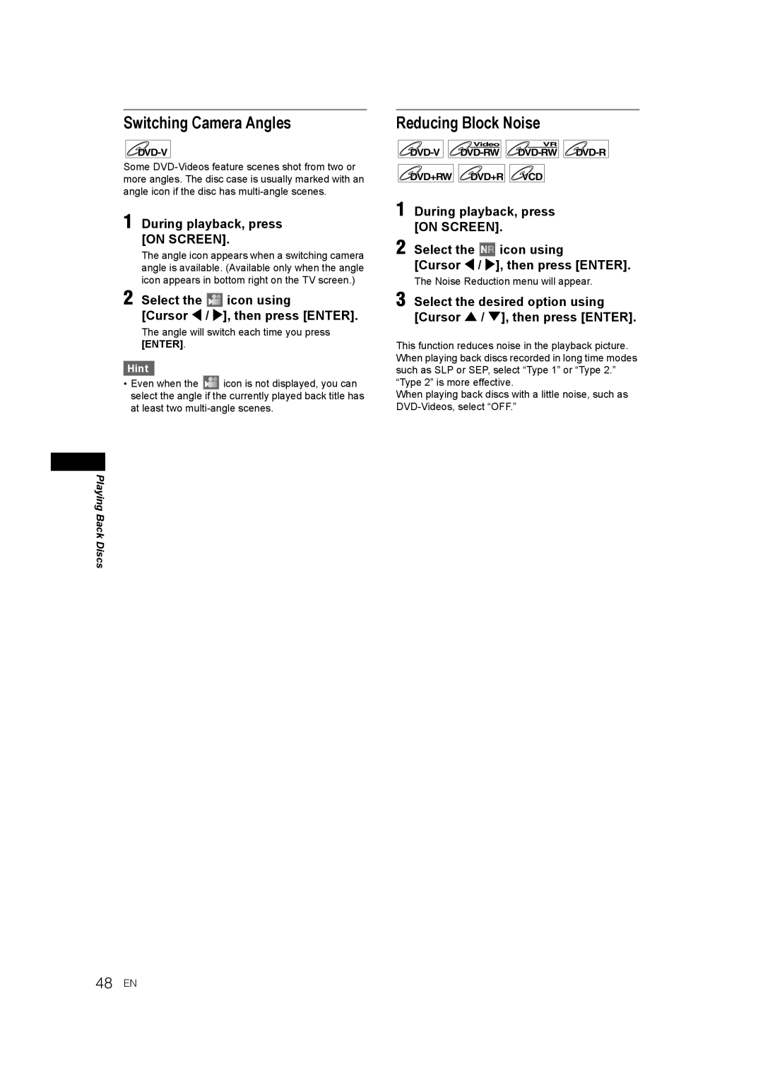 JVC E9770ED/1VMN, 0905TNH-FN-FN manual Switching Camera Angles, Reducing Block Noise, 48 EN 