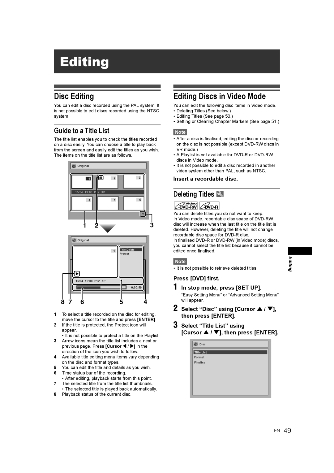 JVC 0905TNH-FN-FN, E9770ED/1VMN manual Disc Editing, Editing Discs in Video Mode, Guide to a Title List, Deleting Titles 