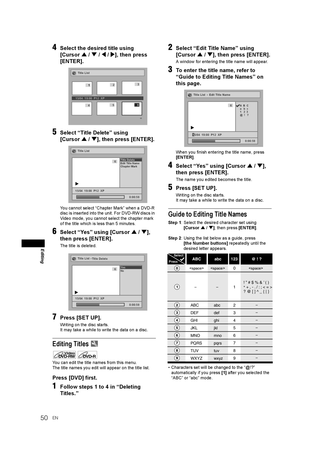 JVC E9770ED/1VMN, 0905TNH-FN-FN manual Editing Titles, Guide to Editing Title Names, 50 EN 