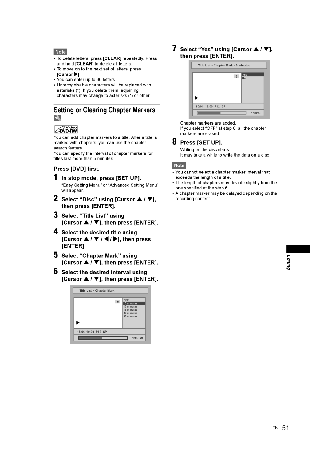 JVC 0905TNH-FN-FN, E9770ED/1VMN manual Setting or Clearing Chapter Markers, Press SET UP 