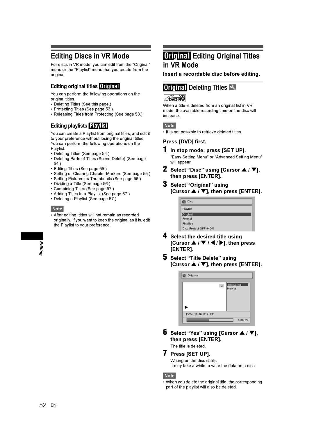 JVC E9770ED/1VMN Editing Discs in VR Mode, Original Editing Original Titles in VR Mode, Original Deleting Titles, 52 EN 