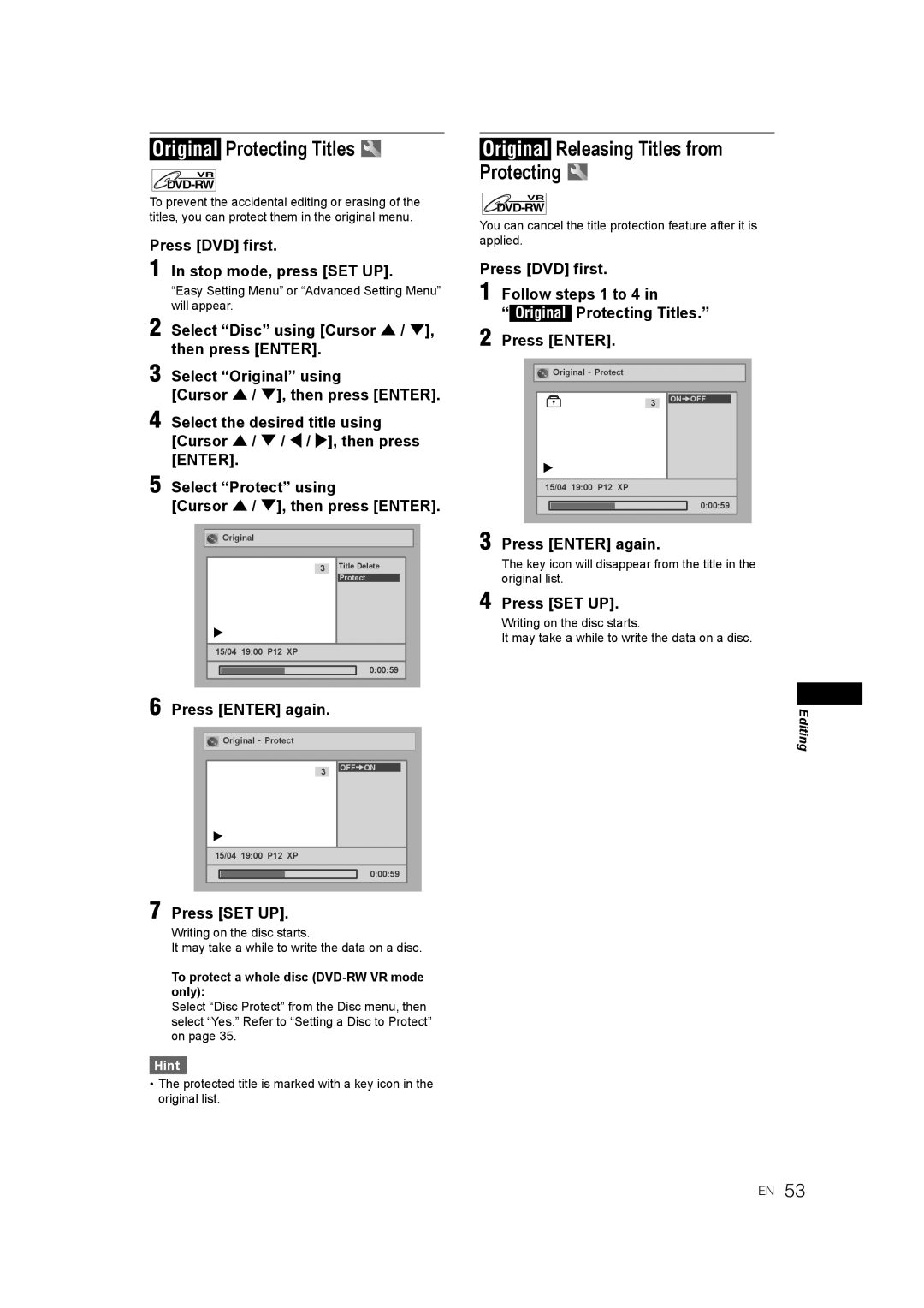 JVC 0905TNH-FN-FN, E9770ED/1VMN Original Protecting Titles, Original Releasing Titles from Protecting, Press Enter again 