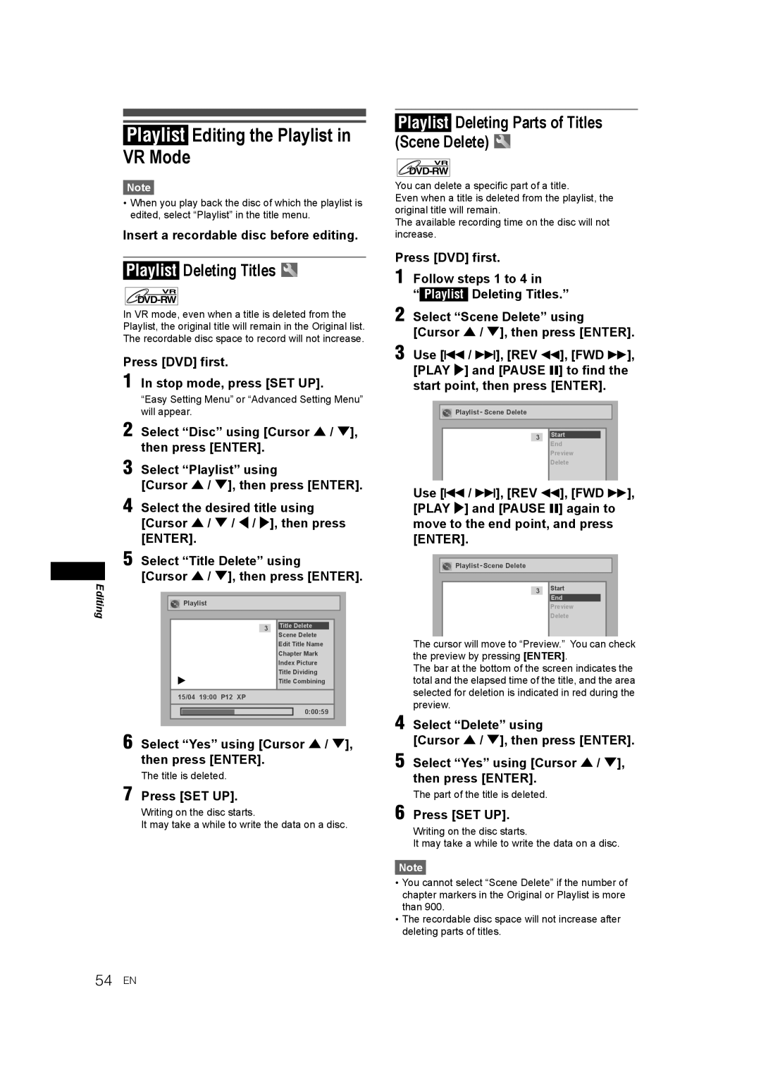 JVC E9770ED/1VMN, 0905TNH-FN-FN manual Playlist Editing the Playlist in VR Mode, Playlist Deleting Titles, 54 EN 