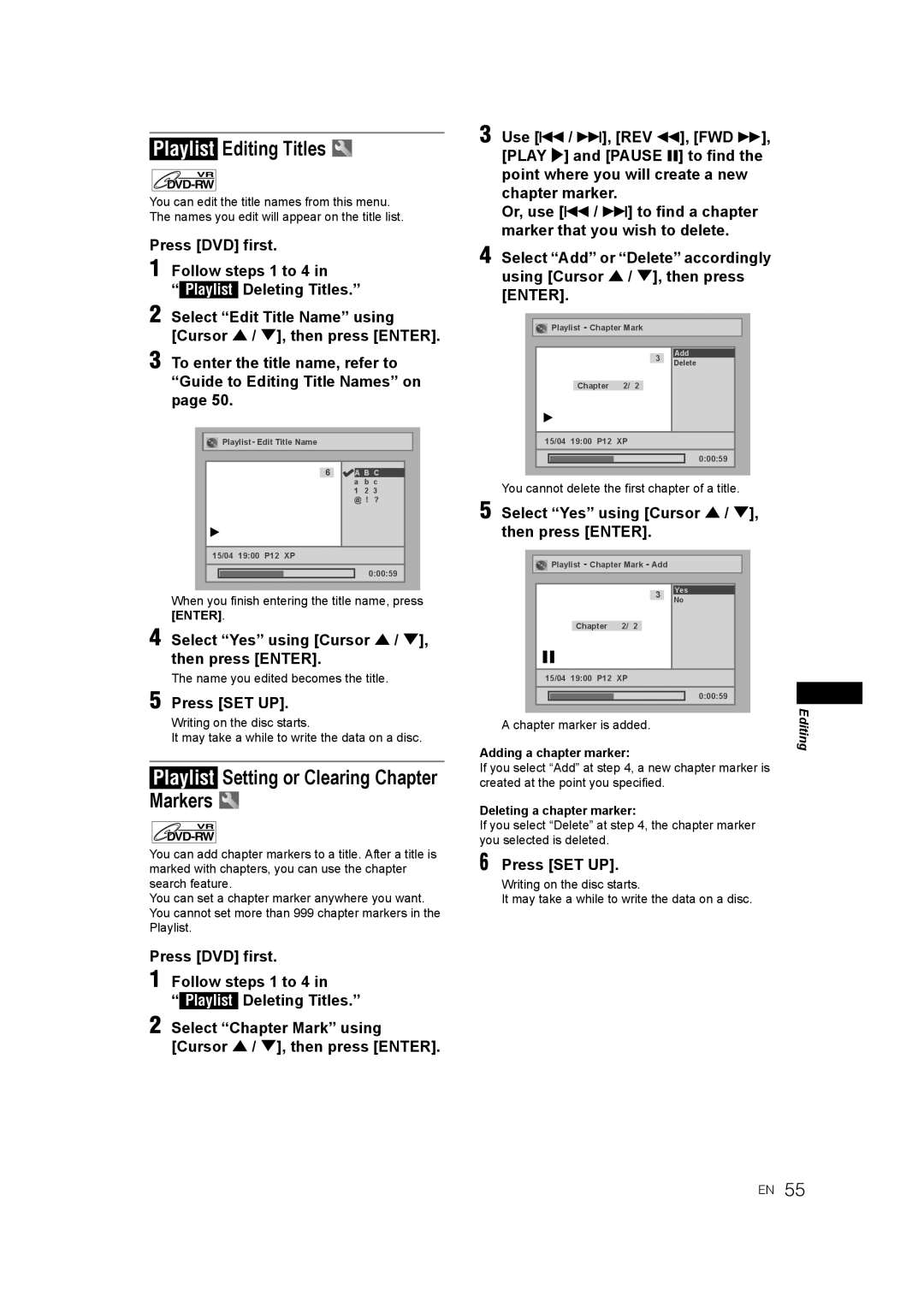 JVC 0905TNH-FN-FN manual Playlist Editing Titles, Playlist Setting or Clearing Chapter Markers, Adding a chapter marker 