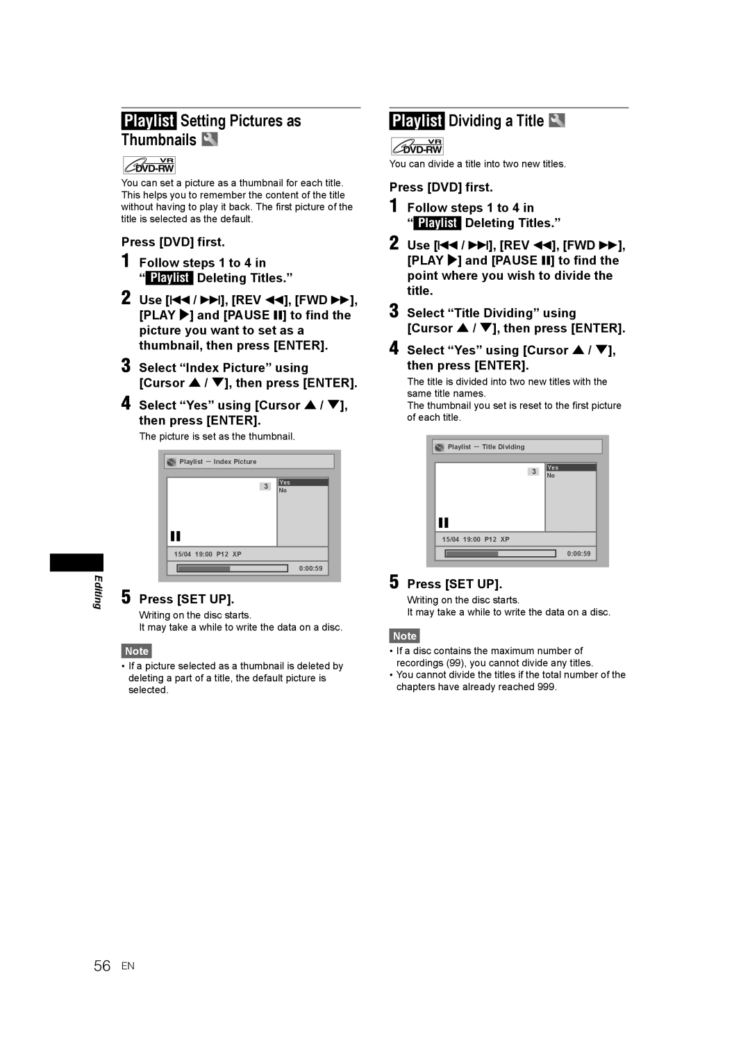 JVC E9770ED/1VMN, 0905TNH-FN-FN manual Playlist Setting Pictures as Thumbnails, Playlist Dividing a Title, 56 EN 