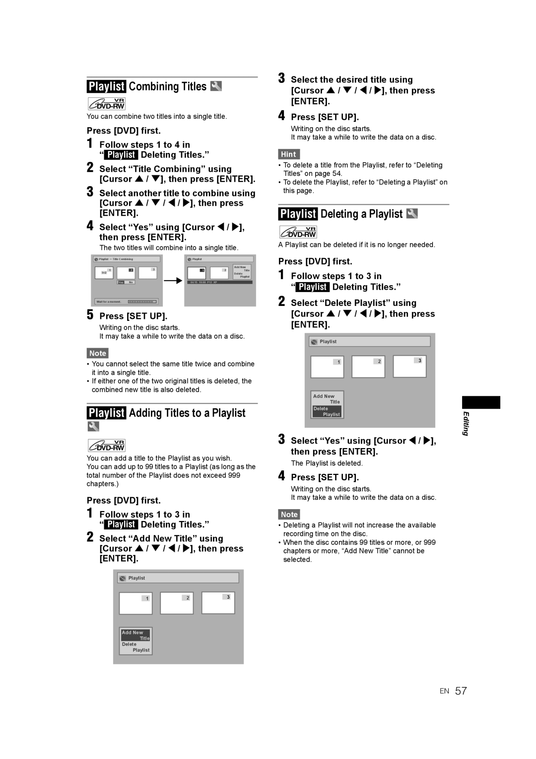 JVC 0905TNH-FN-FN manual Playlist Combining Titles, Playlist Adding Titles to a Playlist, Playlist Deleting a Playlist 