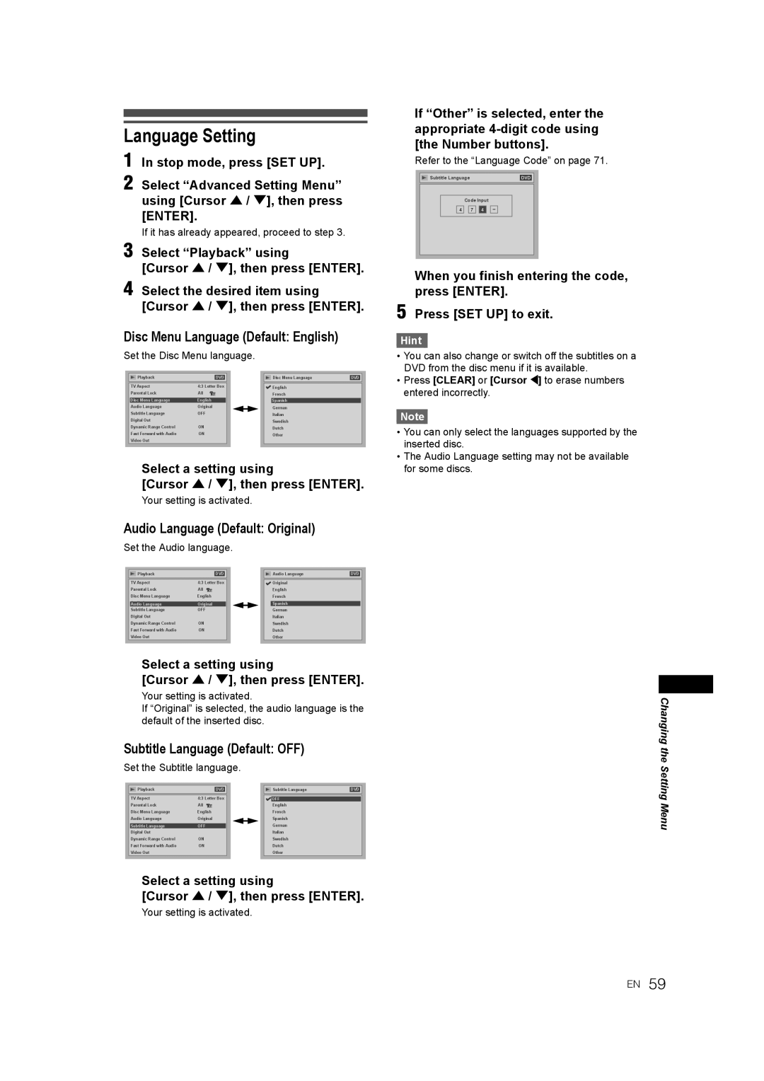 JVC 0905TNH-FN-FN, E9770ED/1VMN manual Language Setting, Disc Menu Language Default English, Audio Language Default Original 