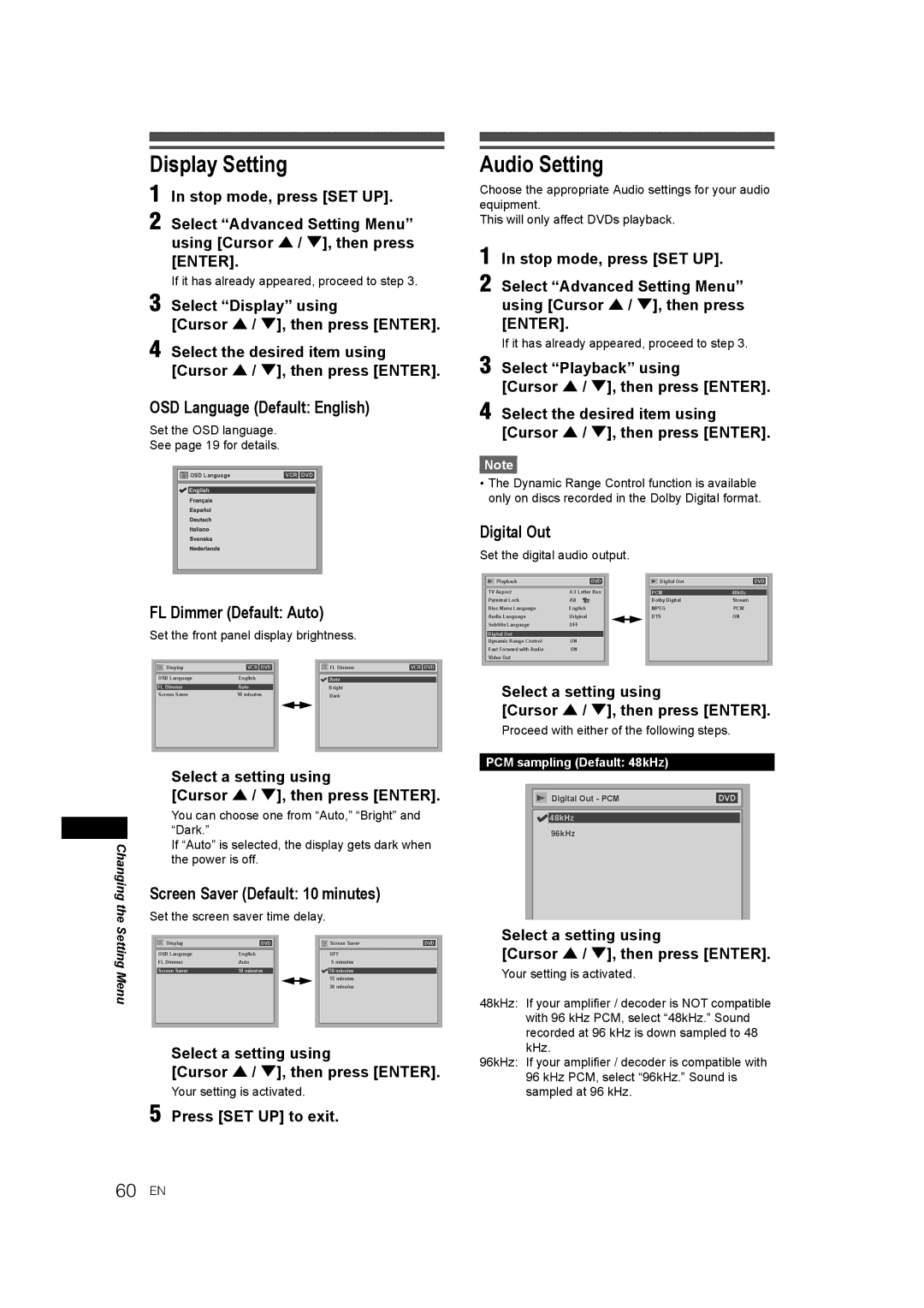 JVC E9770ED/1VMN, 0905TNH-FN-FN manual Display Setting, Audio Setting, 60 EN 