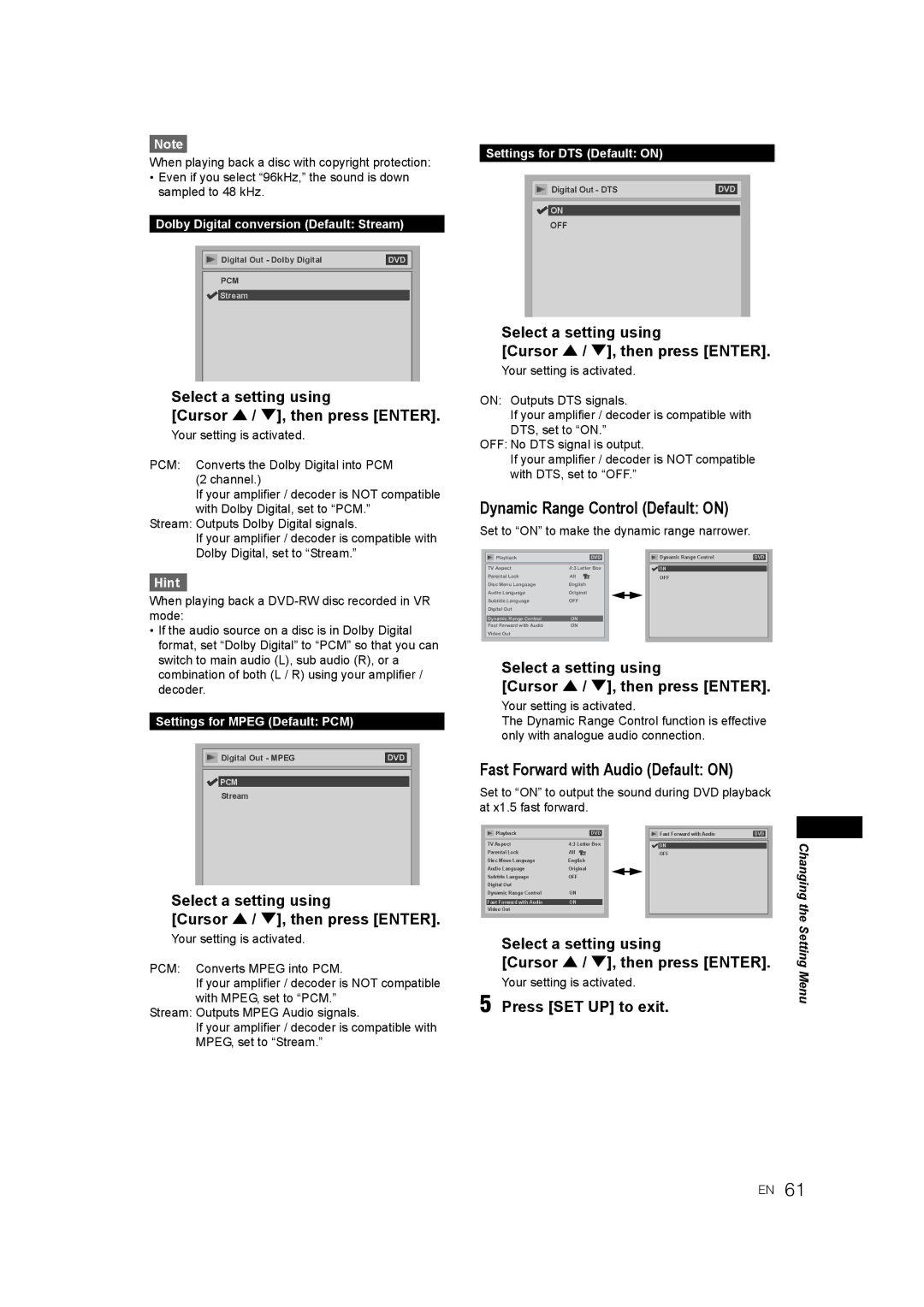 JVC 0905TNH-FN-FN Dynamic Range Control Default on, Fast Forward with Audio Default on, Settings for Mpeg Default PCM 