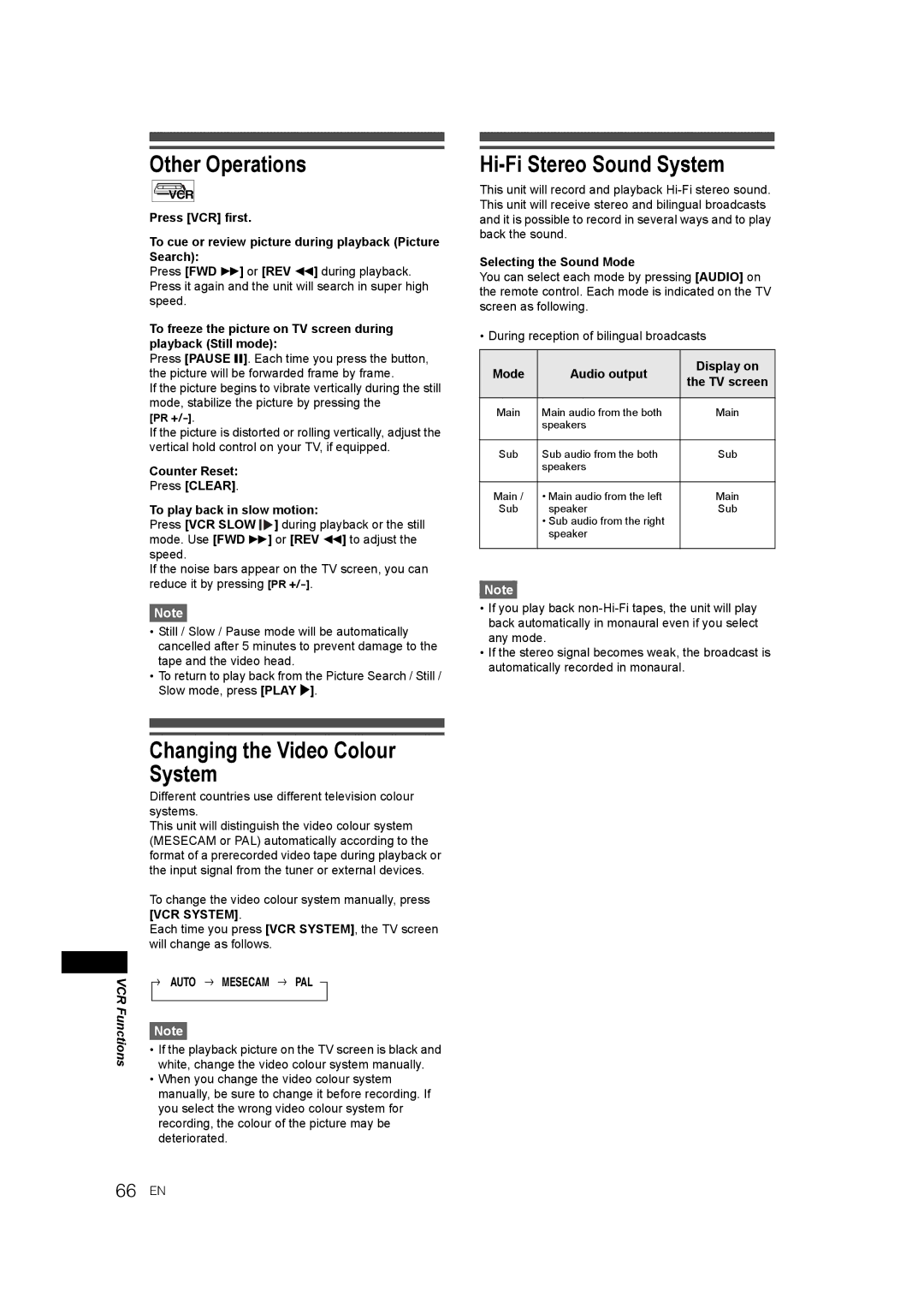 JVC E9770ED/1VMN, 0905TNH-FN-FN manual Other Operations, Changing the Video Colour System, Hi-Fi Stereo Sound System, 66 EN 