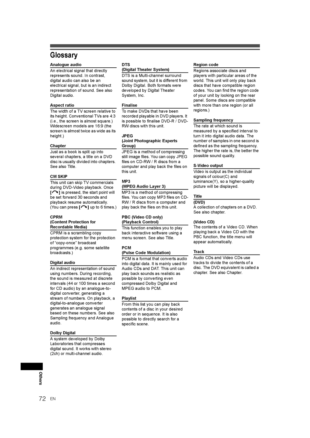 JVC E9770ED/1VMN, 0905TNH-FN-FN manual Glossary, 72 EN 