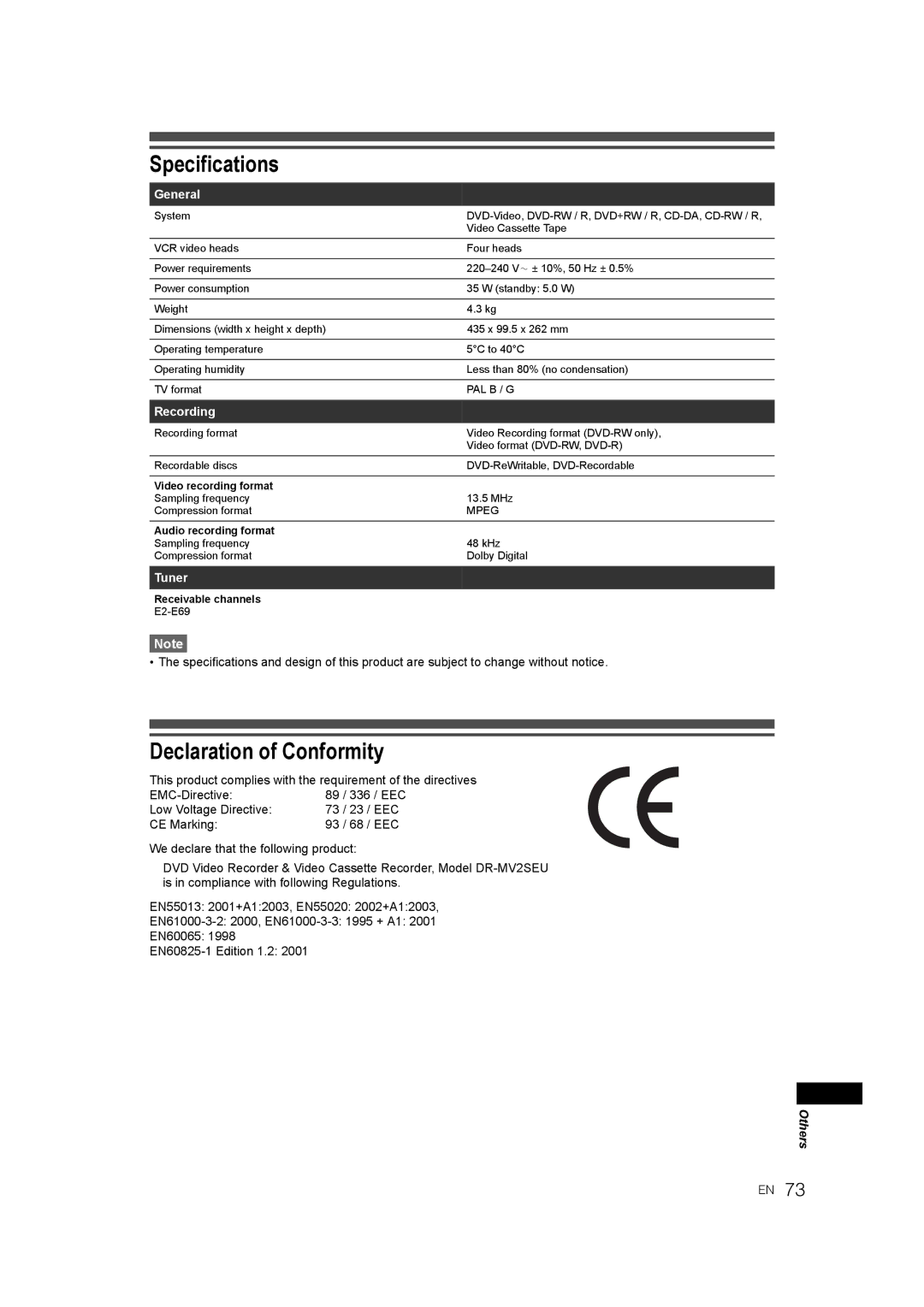 JVC 0905TNH-FN-FN, E9770ED/1VMN manual Specifications, Declaration of Conformity, General, Recording, Tuner 