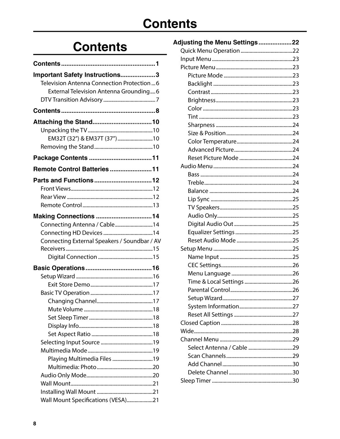 JVC EM32T, EM37T user manual Important Safety Instructions, Attaching the Stand, Making Connections, Basic Operations 