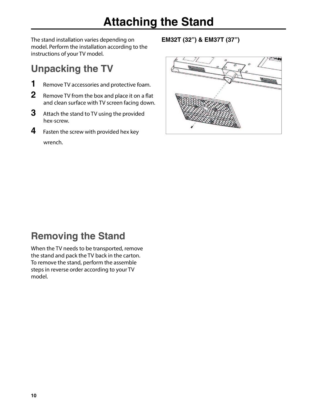 JVC user manual Attaching the Stand, Unpacking the TV, Removing the Stand, EM32T 32 & EM37T 