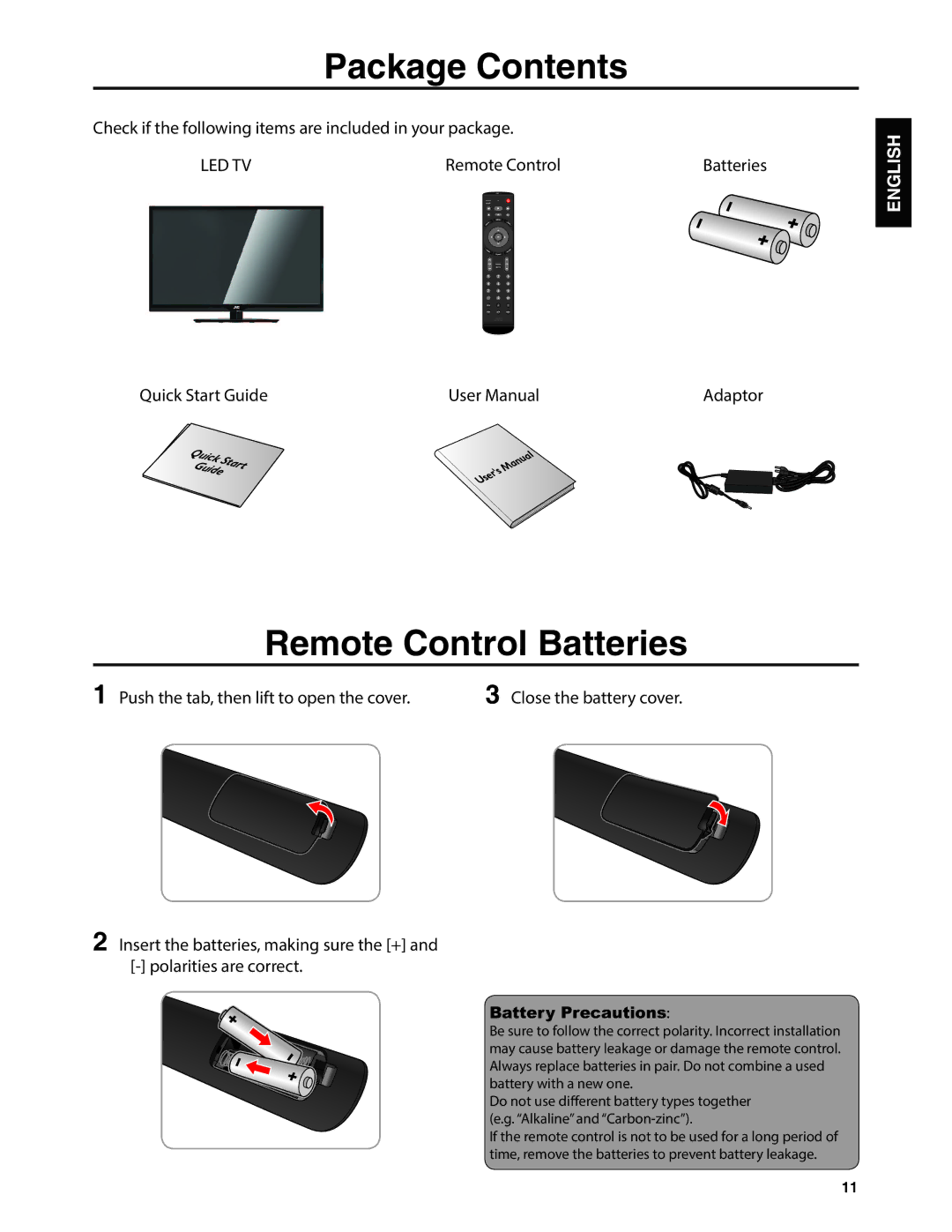 JVC EM37T, EM32T user manual Package Contents, Remote Control Batteries 