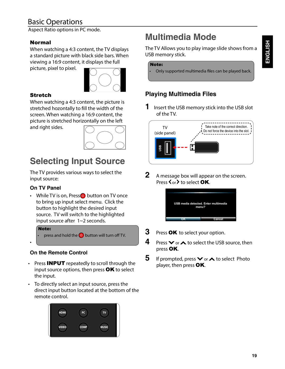 JVC EM37T, EM32T Multimedia Mode, Selecting Input Source, Playing Multimedia Files, On TV Panel, On the Remote Control 