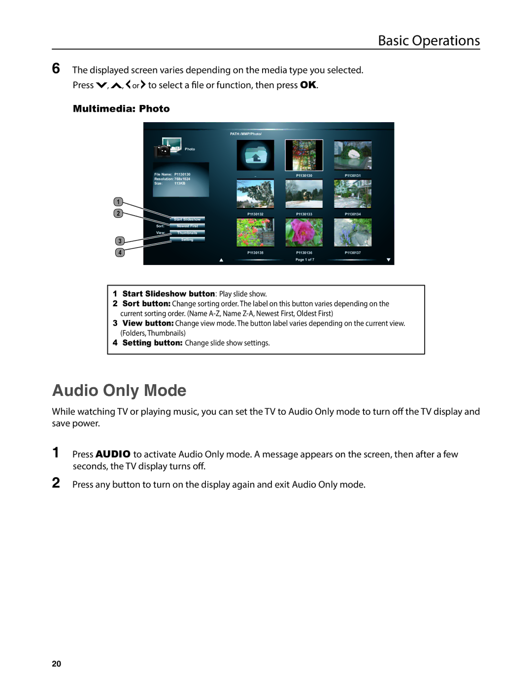 JVC EM32T, EM37T user manual Audio Only Mode, Press , , or to select a tion, then press Multimedia Photo 