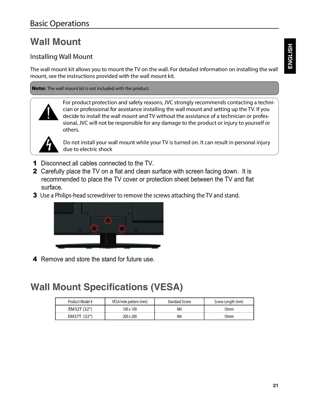 JVC EM37T, EM32T user manual Wall Mount, #$%&$%*+.123!45 