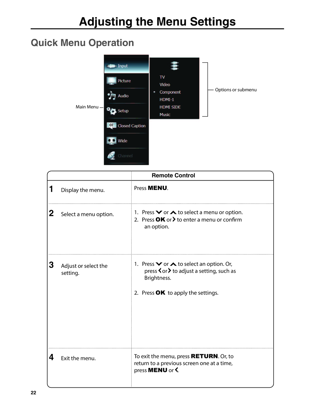 JVC EM32T, EM37T user manual Adjusting the Menu Settings, Quick Menu Operation, Remote Control 