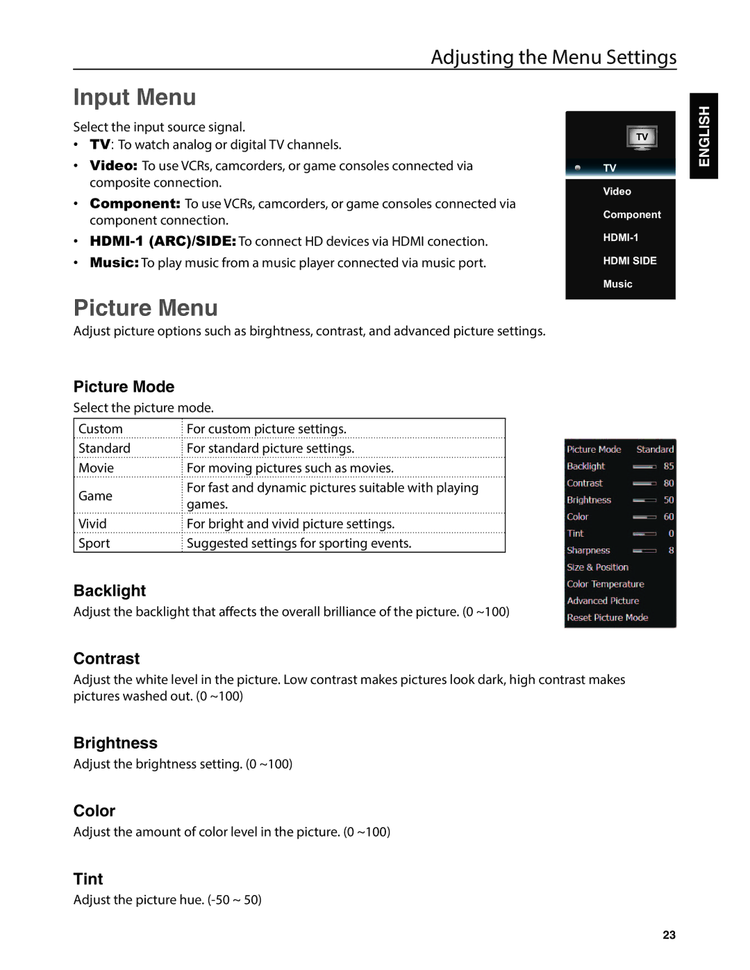 JVC EM37T, EM32T user manual Input Menu, Picture Menu 