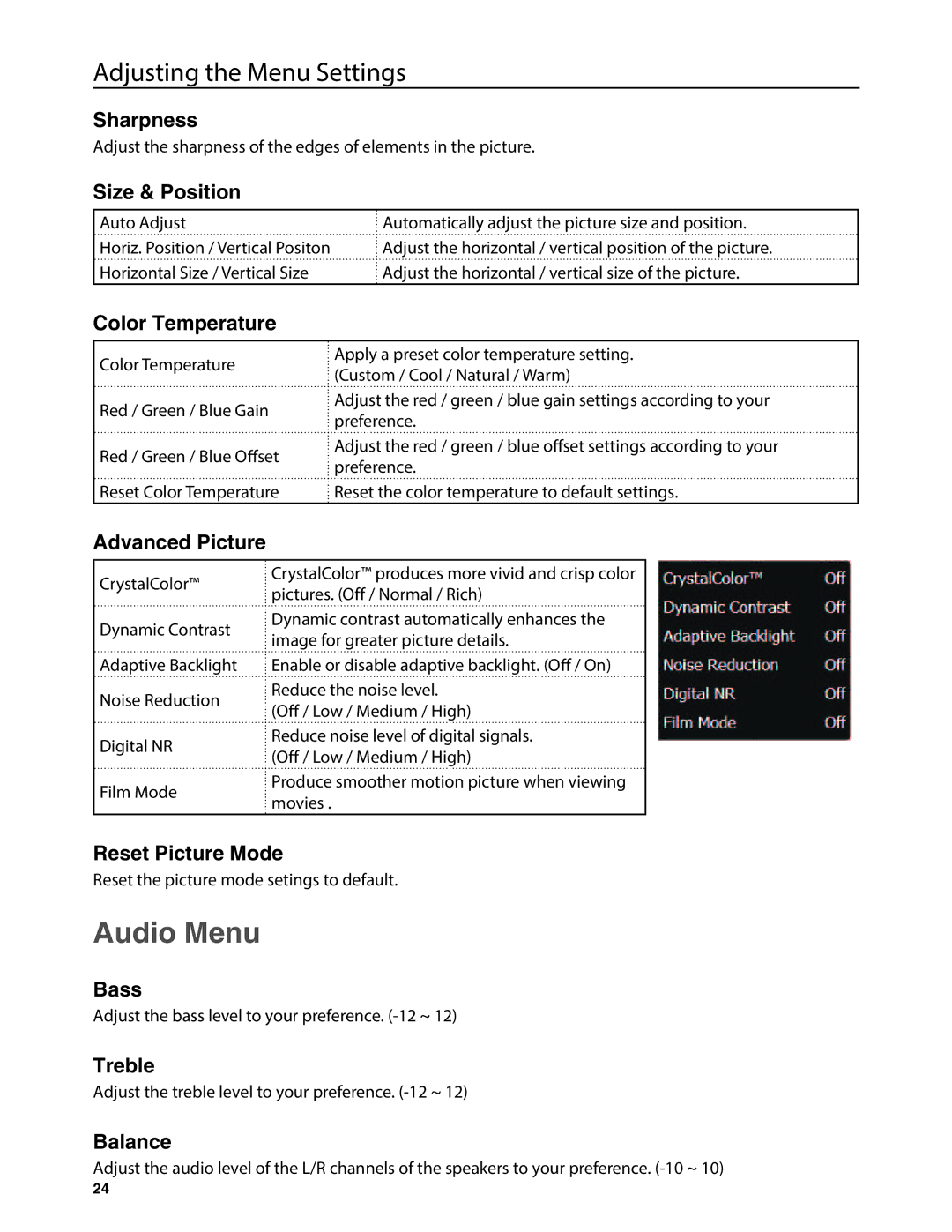 JVC EM32T, EM37T user manual Audio Menu 