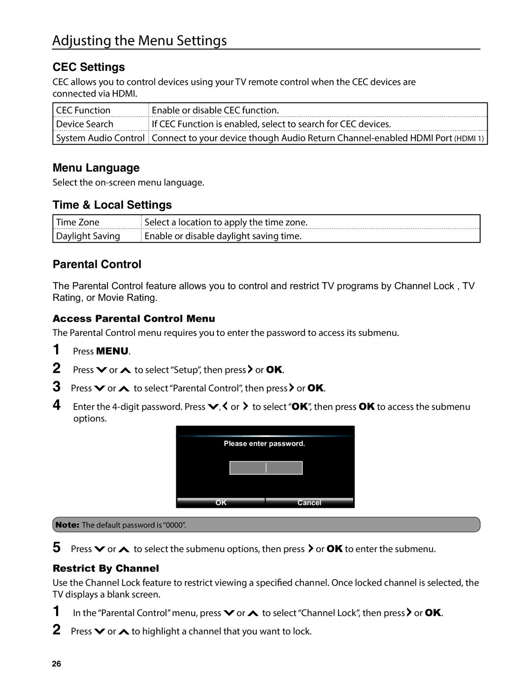 JVC EM32T, EM37T user manual CEC Settings, Menu Language, Time & Local Settings, Parental Control 