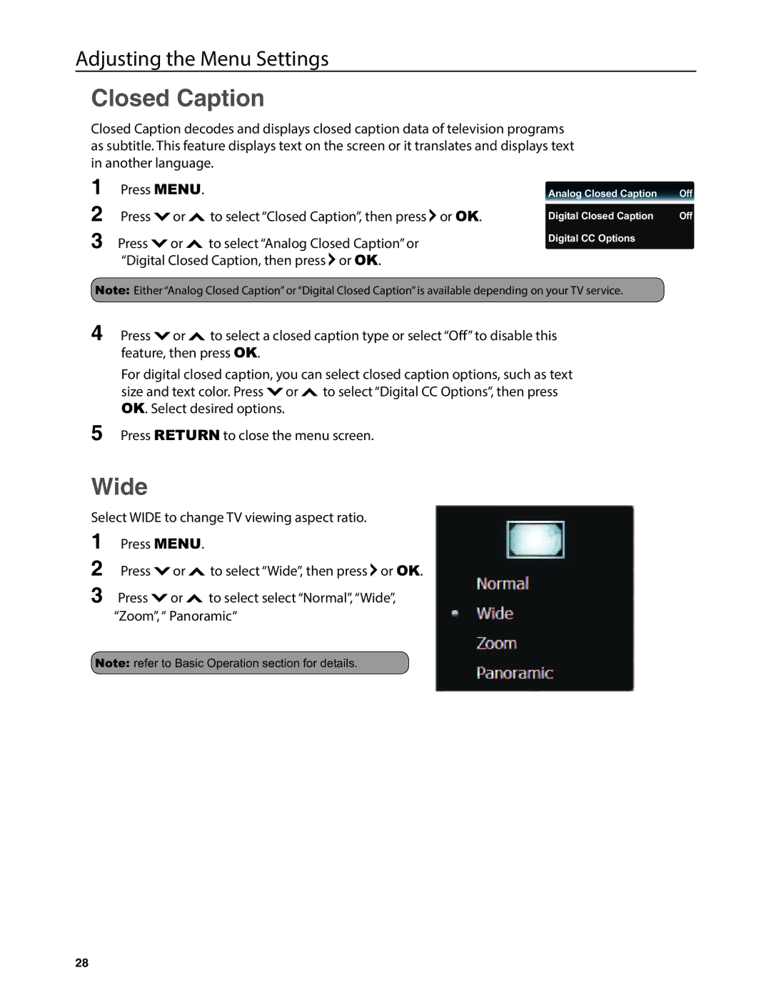 JVC EM32T, EM37T user manual Closed Caption, Wide 