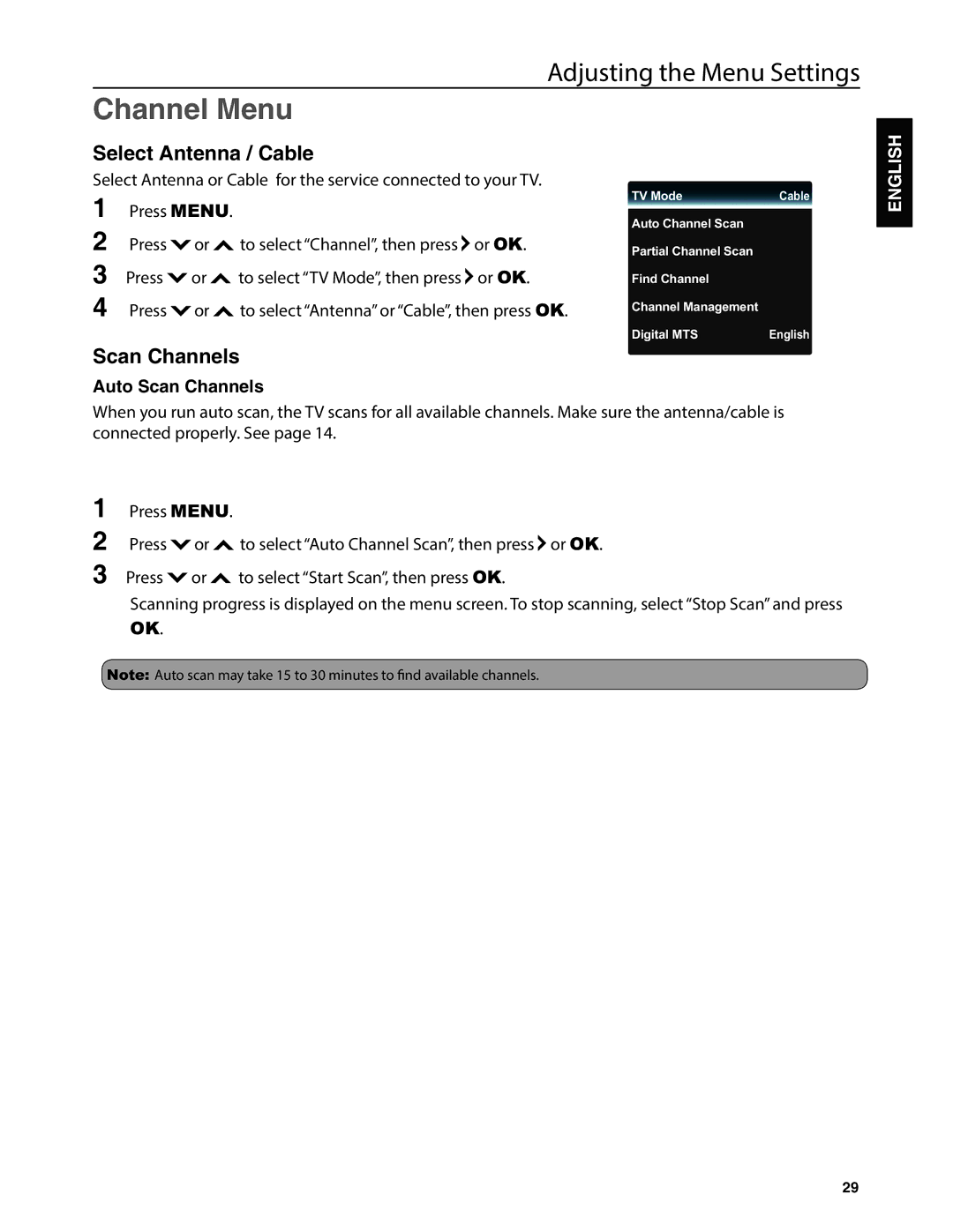 JVC EM37T, EM32T user manual Channel Menu, Select Antenna / Cable, Auto Scan Channels 