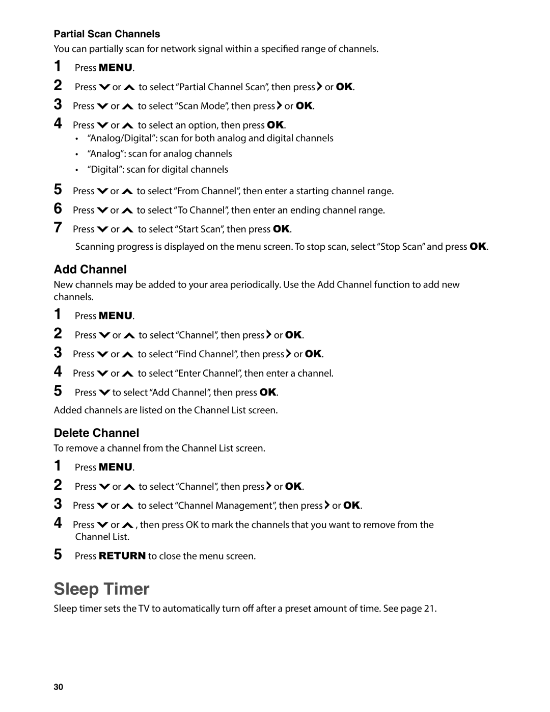 JVC EM32T, EM37T user manual Sleep Timer, Add Channel, Delete Channel, Partial Scan Channels 