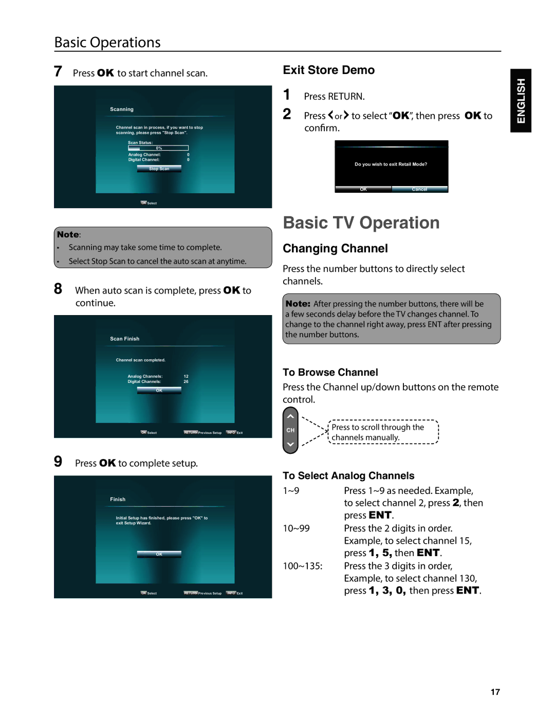 JVC EM37TB, EM32T Basic TV Operation, Exit Store Demo, Changing Channel, To Browse Channel, To Select Analog Channels 