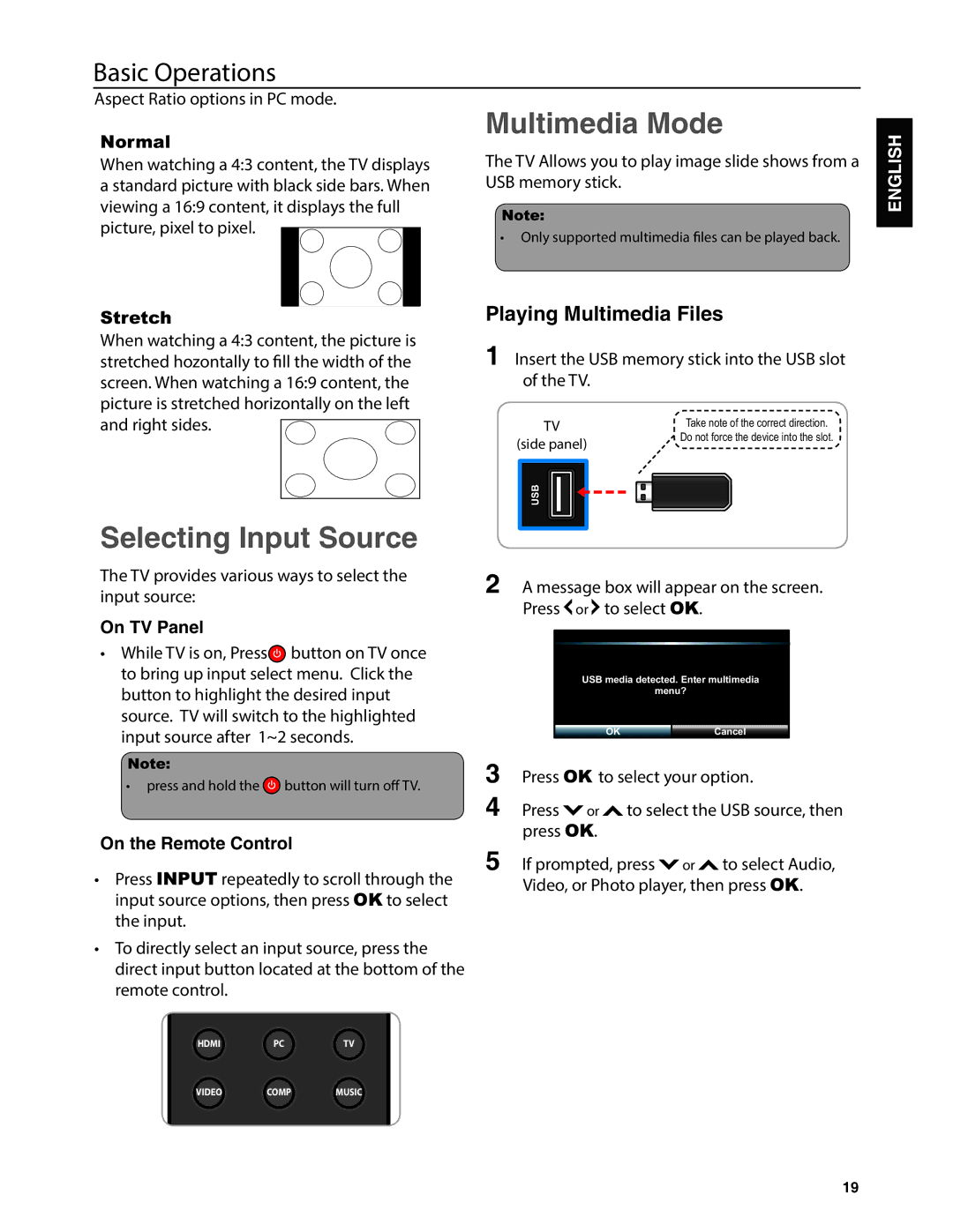 JVC EM37TB, EM32T Multimedia Mode, Selecting Input Source, Playing Multimedia Files, On TV Panel, On the Remote Control 