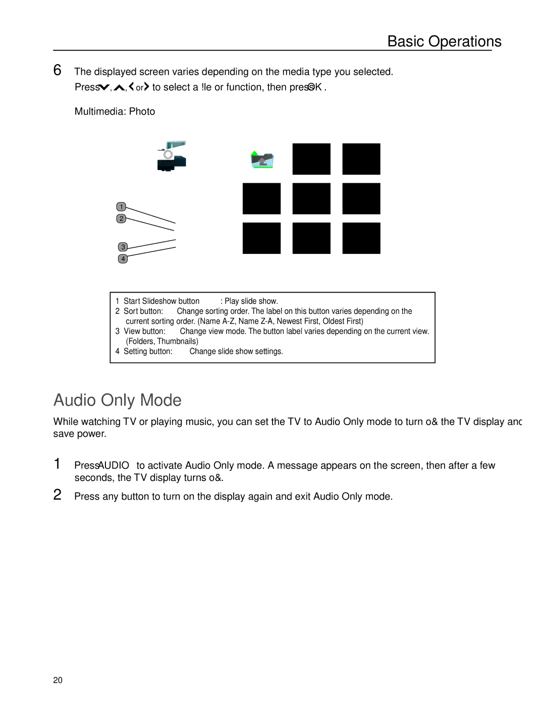 JVC EM37TB, EM32T user manual Audio Only Mode, Press , , or to select a tion, then press Multimedia Photo 