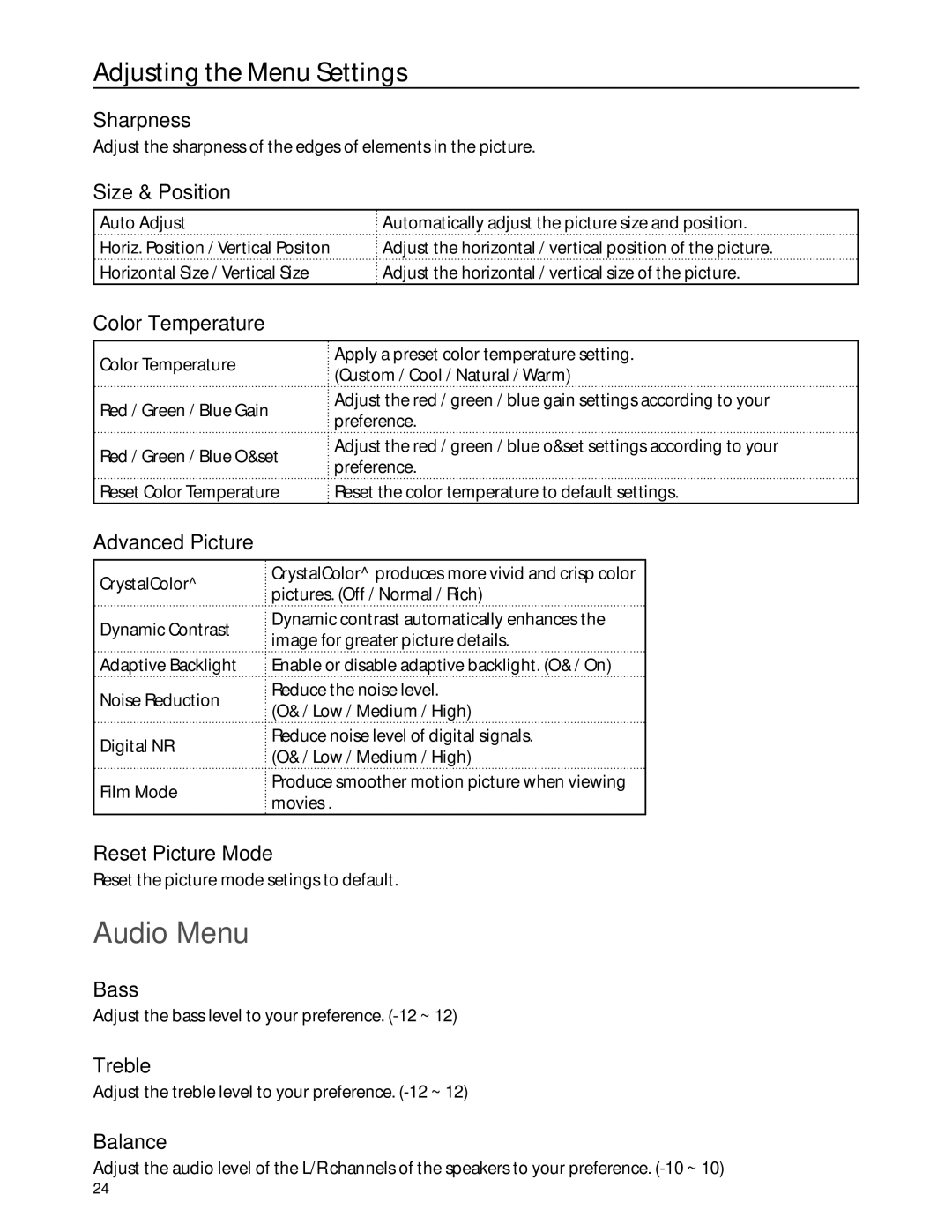 JVC EM32T, EM37TB user manual Audio Menu 