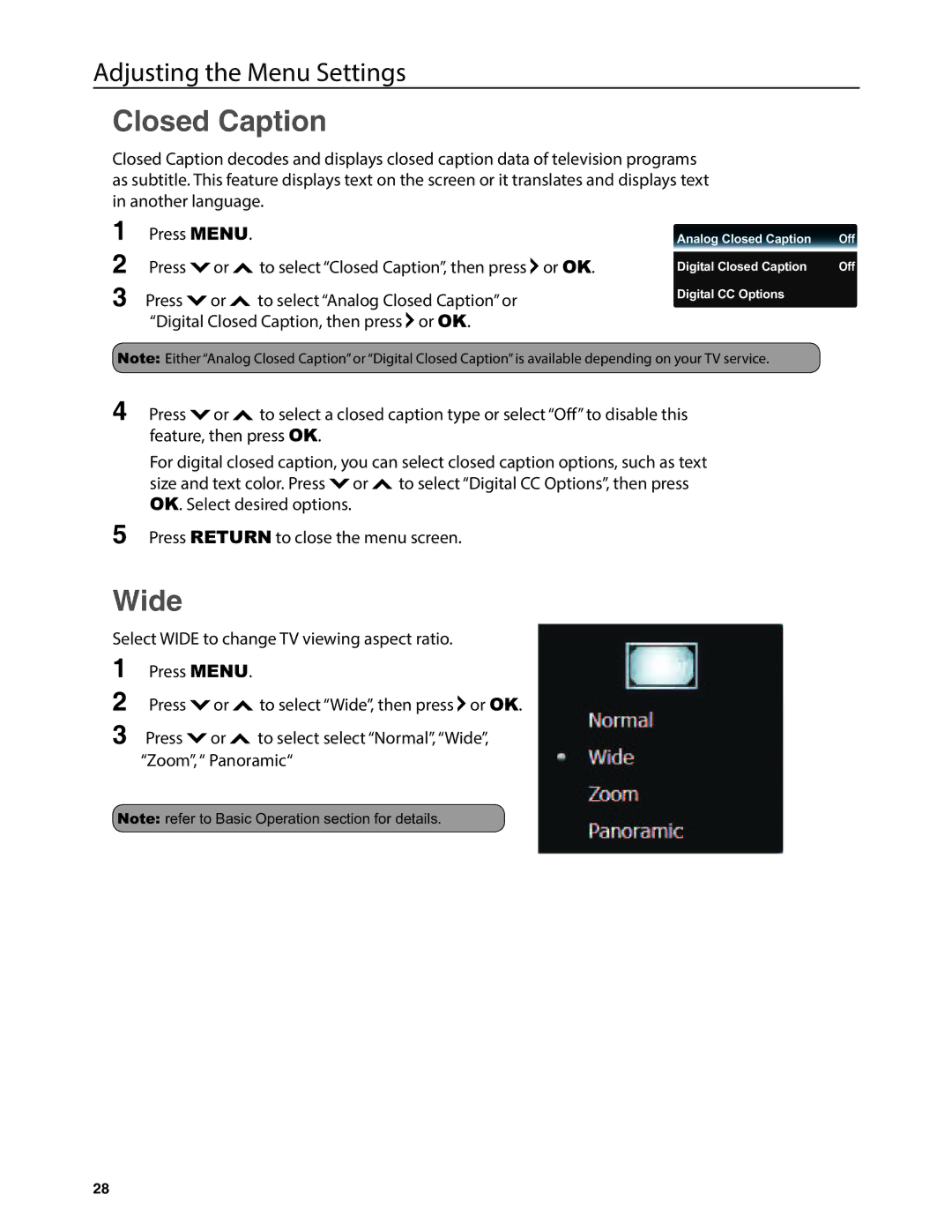 JVC EM37TB, EM32T user manual Closed Caption, Wide 