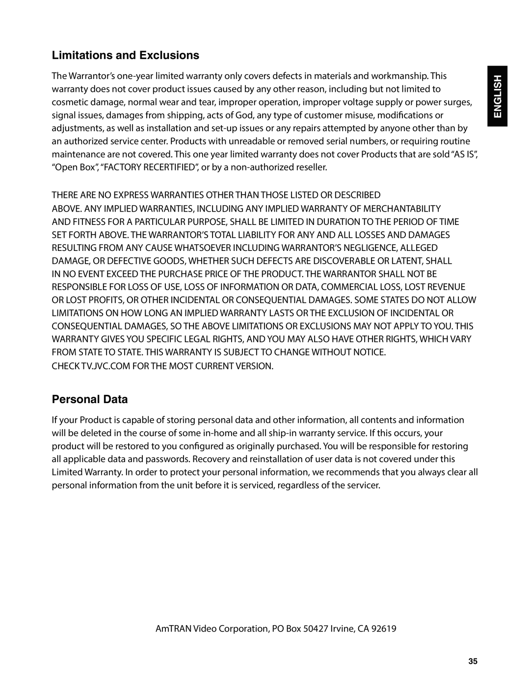 JVC EM37TB, EM32T user manual Limitations and Exclusions, Personal Data 