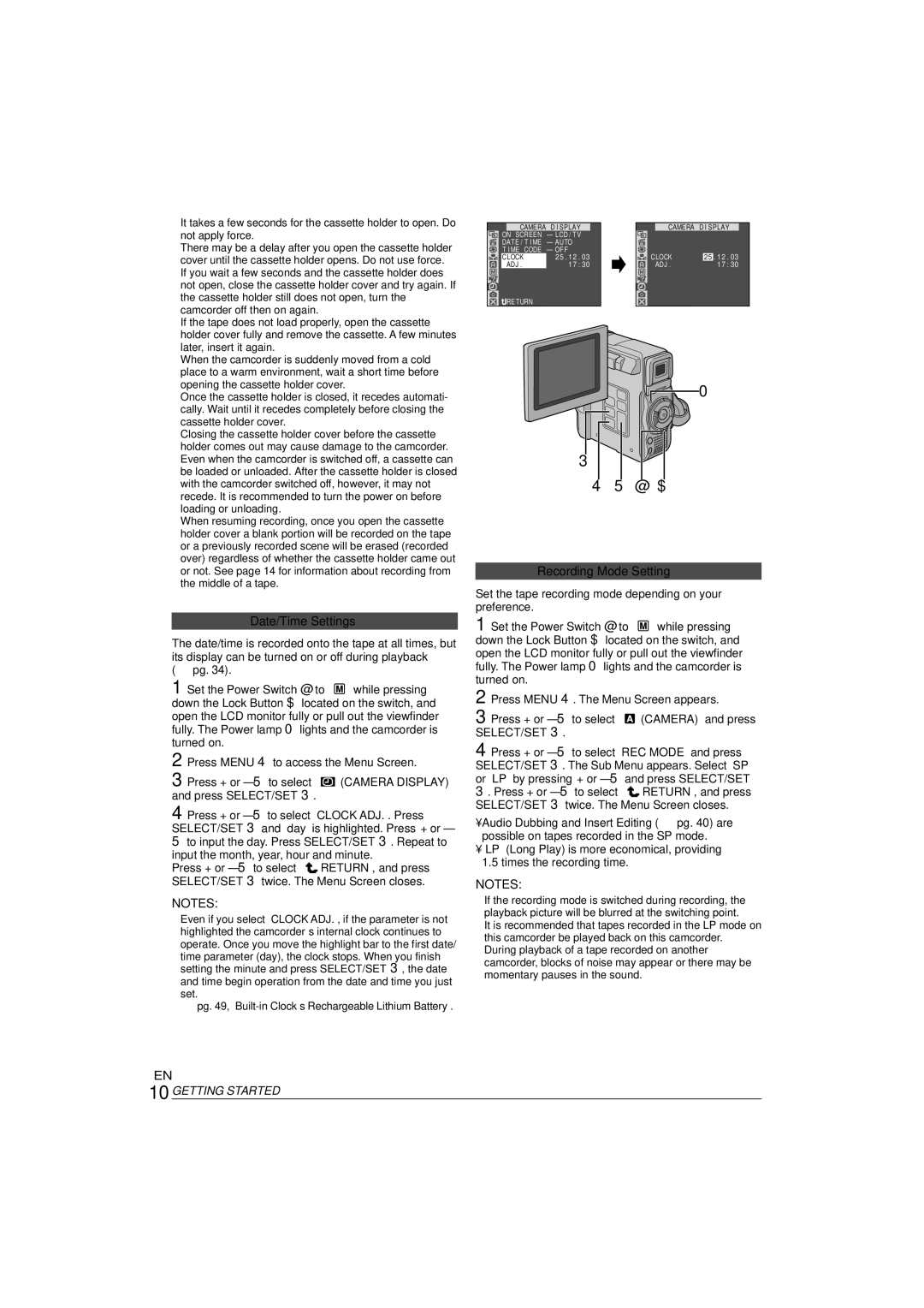 JVC ENLYT1127-001A manual Date/Time Settings, Recording Mode Setting, Press + or 5 to select Camera and press SELECT/SET 