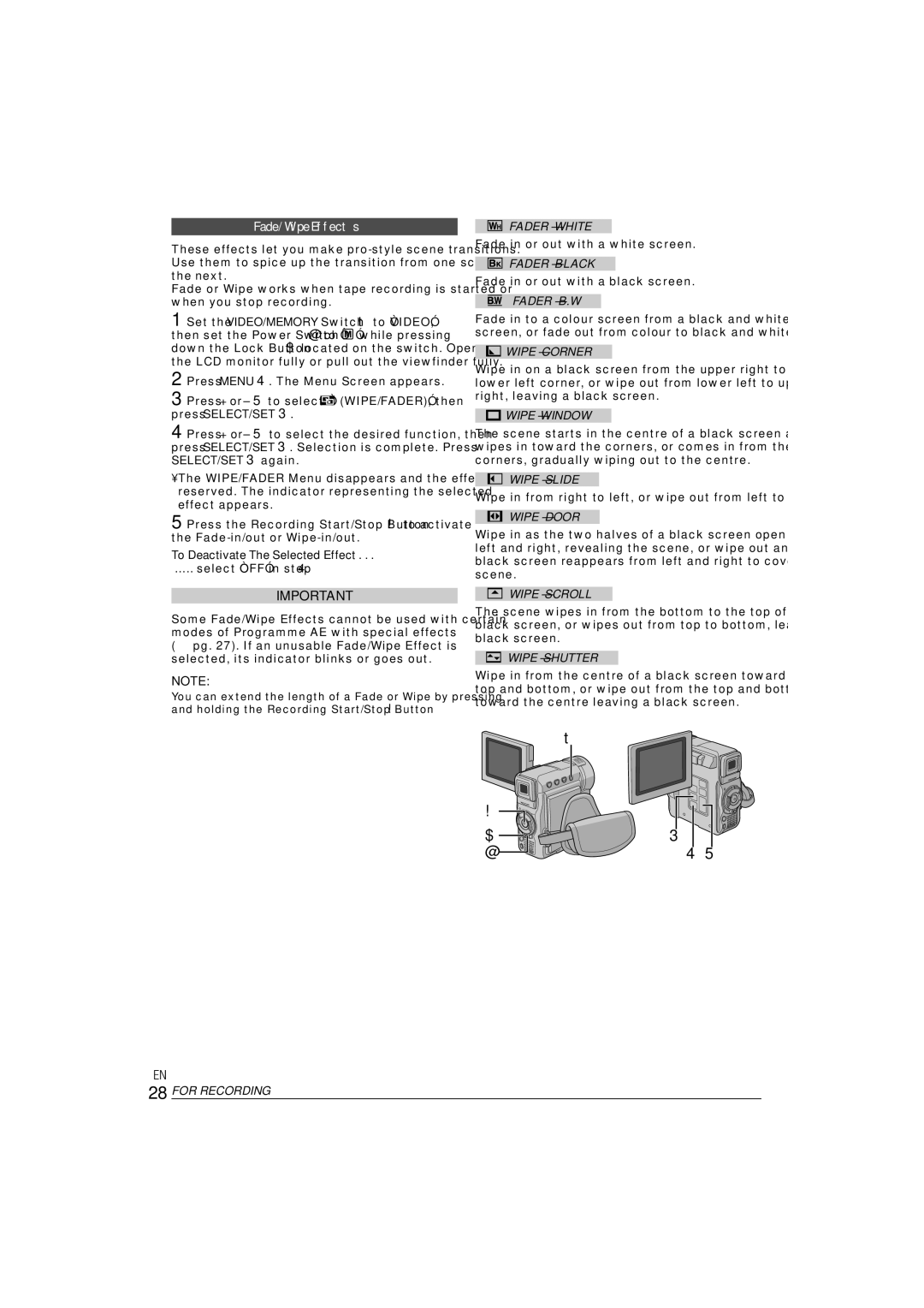 JVC ENLYT1127-001A, 0303-MK-ID-SN manual Fade/Wipe Effects 