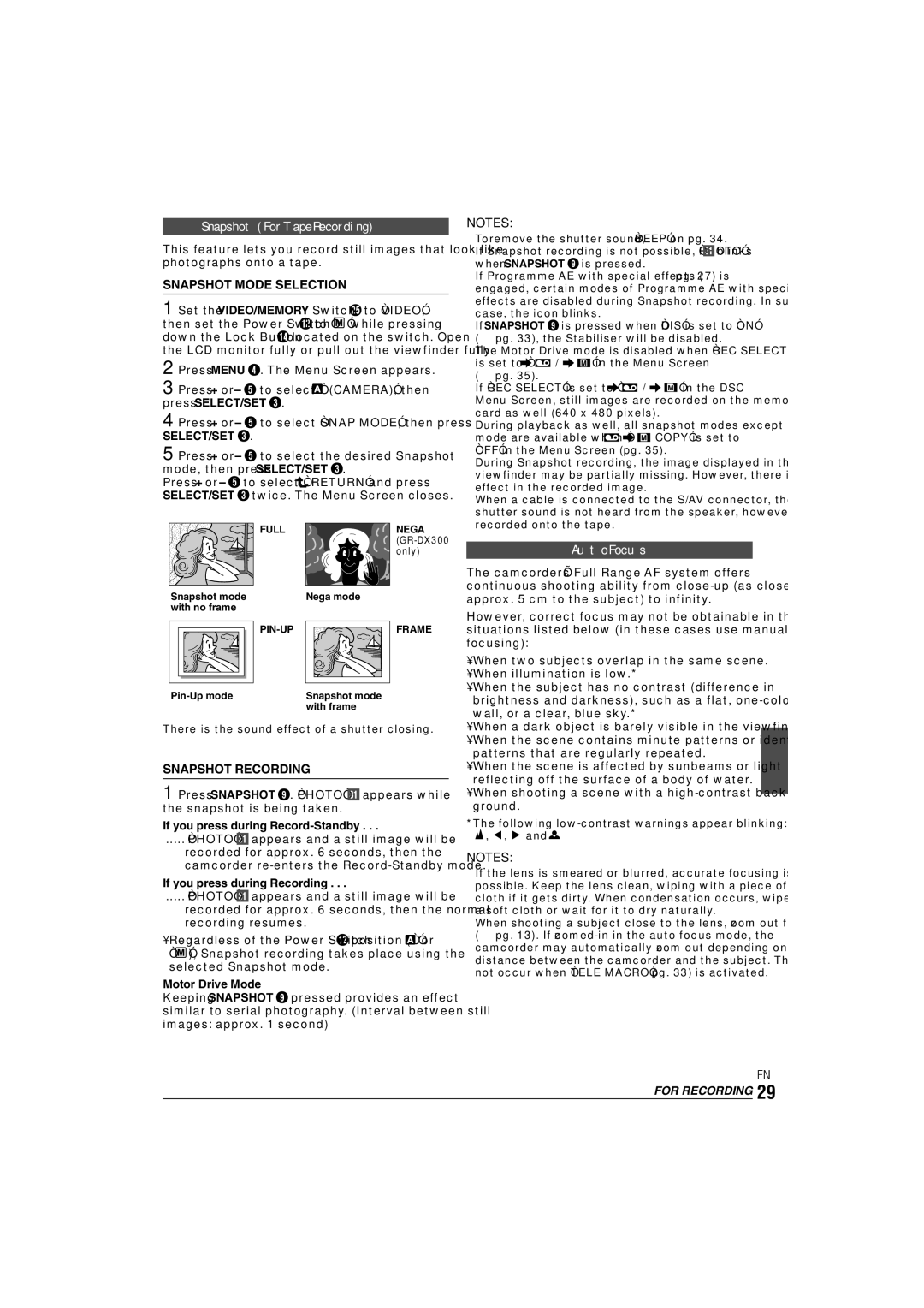 JVC 0303-MK-ID-SN, ENLYT1127-001A Snapshot For Tape Recording, Snapshot Mode Selection, Auto Focus, Snapshot Recording 