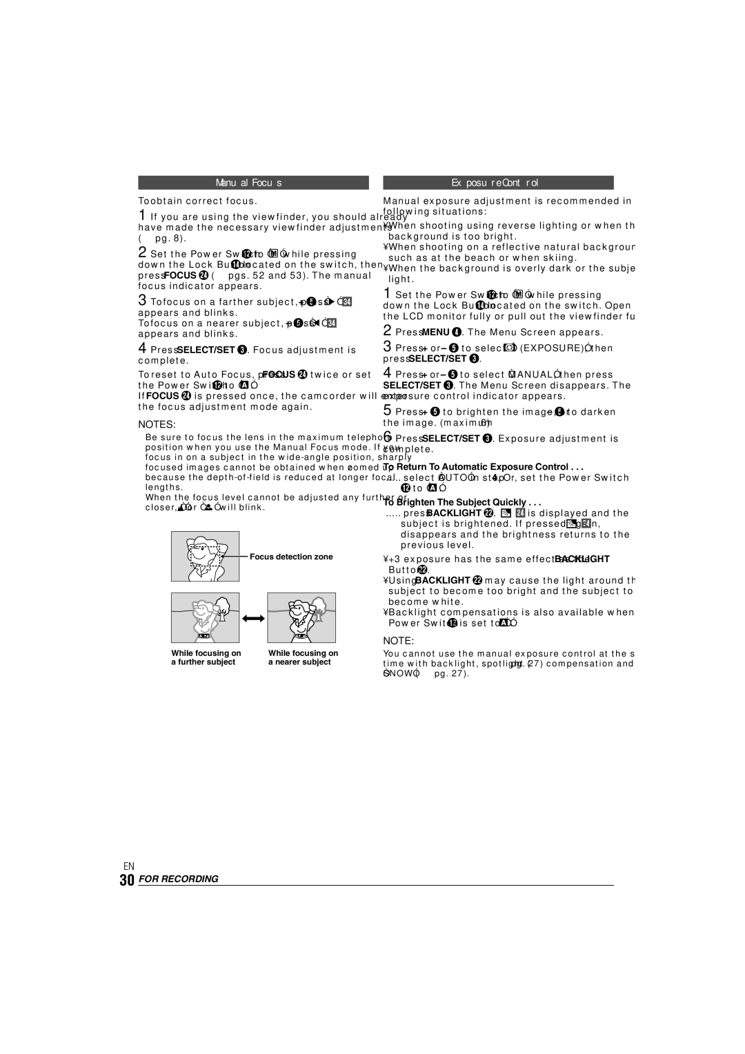 JVC ENLYT1127-001A, 0303-MK-ID-SN Manual Focus, Exposure Control, Press + or 5 to select EXPOSURE, then press SELECT/SET 