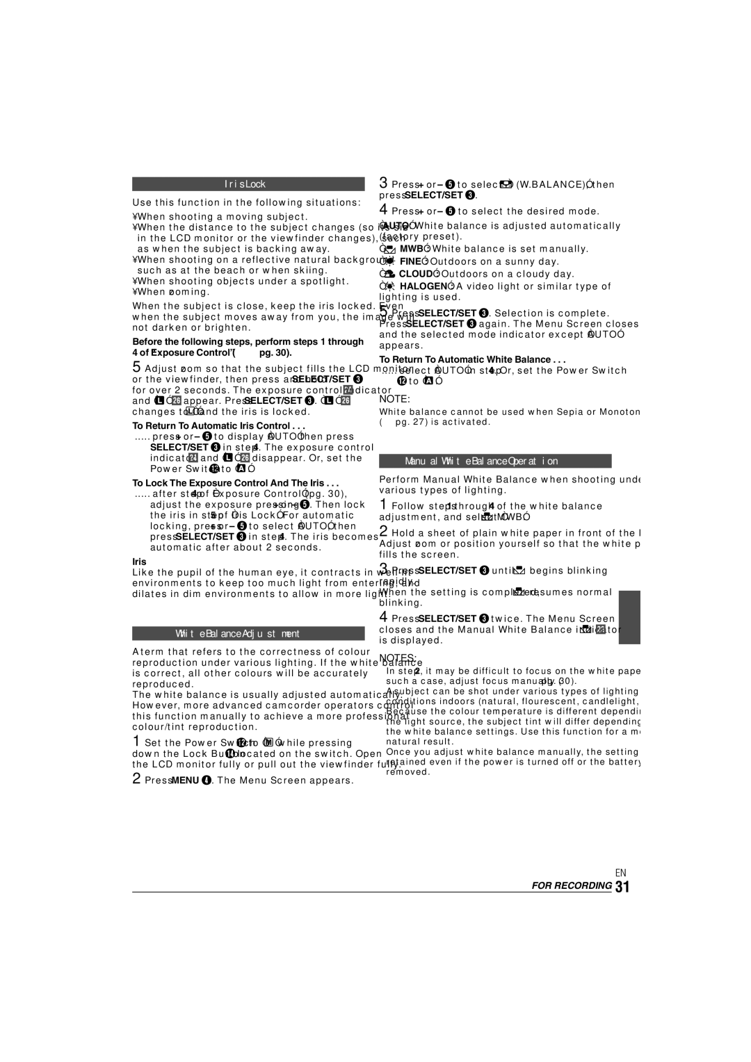 JVC 0303-MK-ID-SN, ENLYT1127-001A manual Iris Lock, White Balance Adjustment, Manual White Balance Operation 