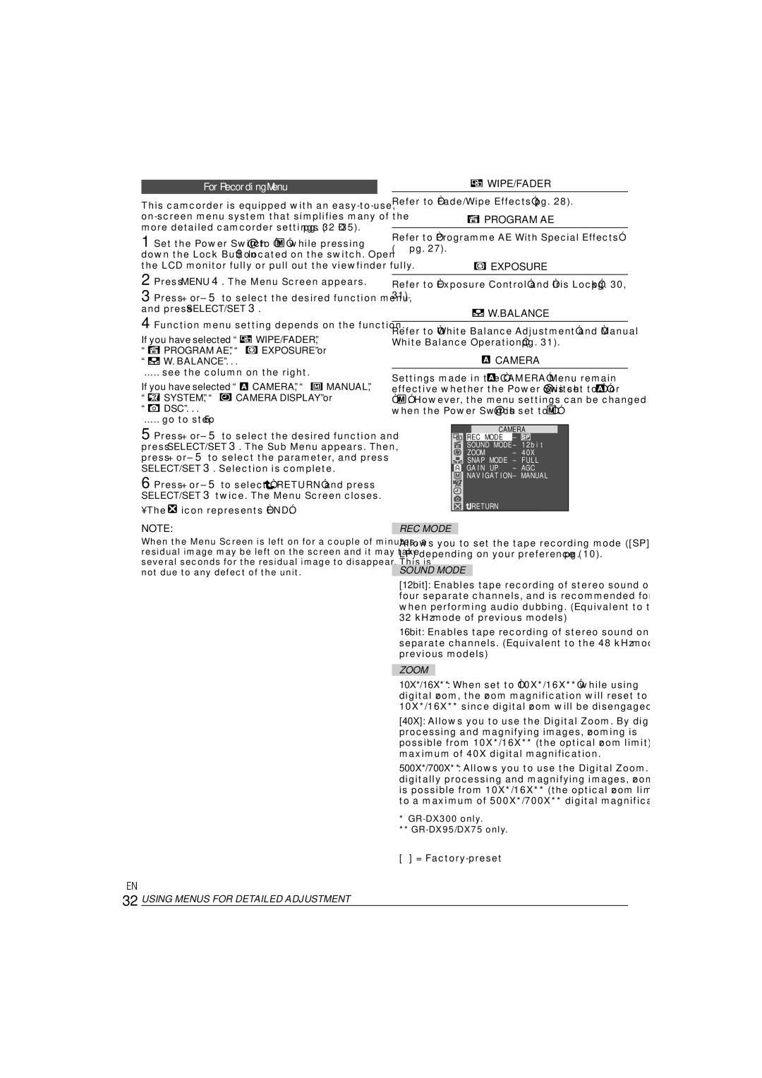 JVC ENLYT1127-001A, 0303-MK-ID-SN manual Wipe/Fader, Program AE, Exposure, Balance, Camera 