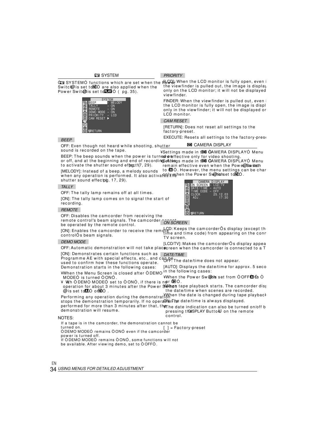 JVC ENLYT1127-001A, 0303-MK-ID-SN manual System, Camera Display 