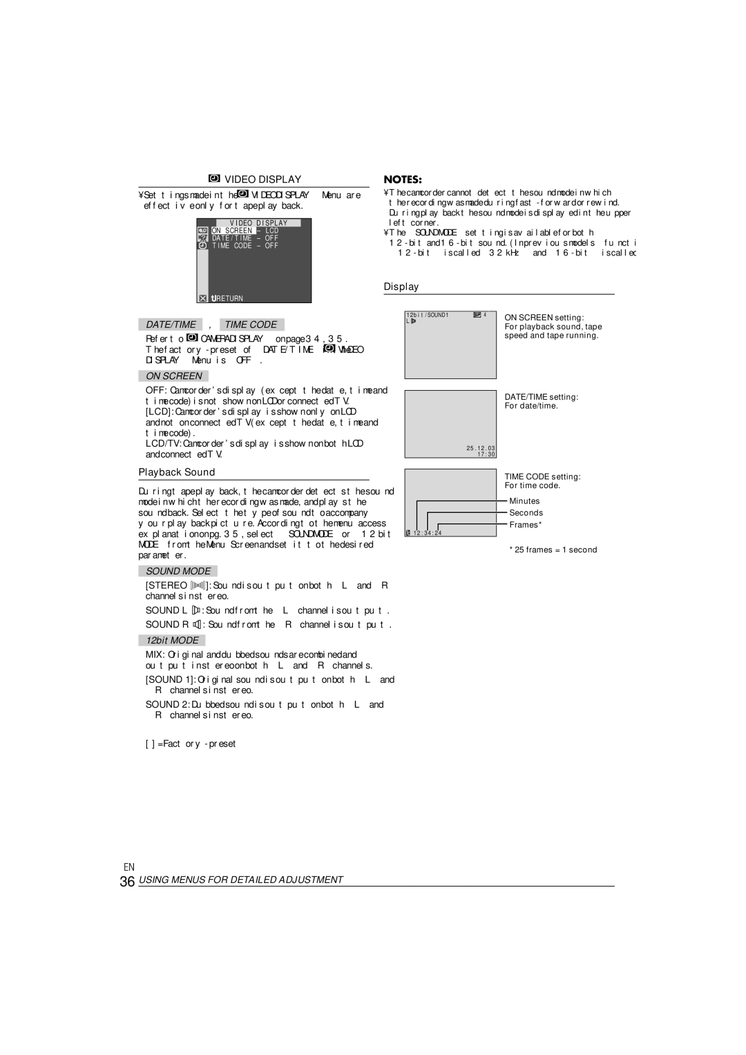 JVC ENLYT1127-001A, 0303-MK-ID-SN manual Video Display, Playback Sound, DATE/TIME , Time Code 