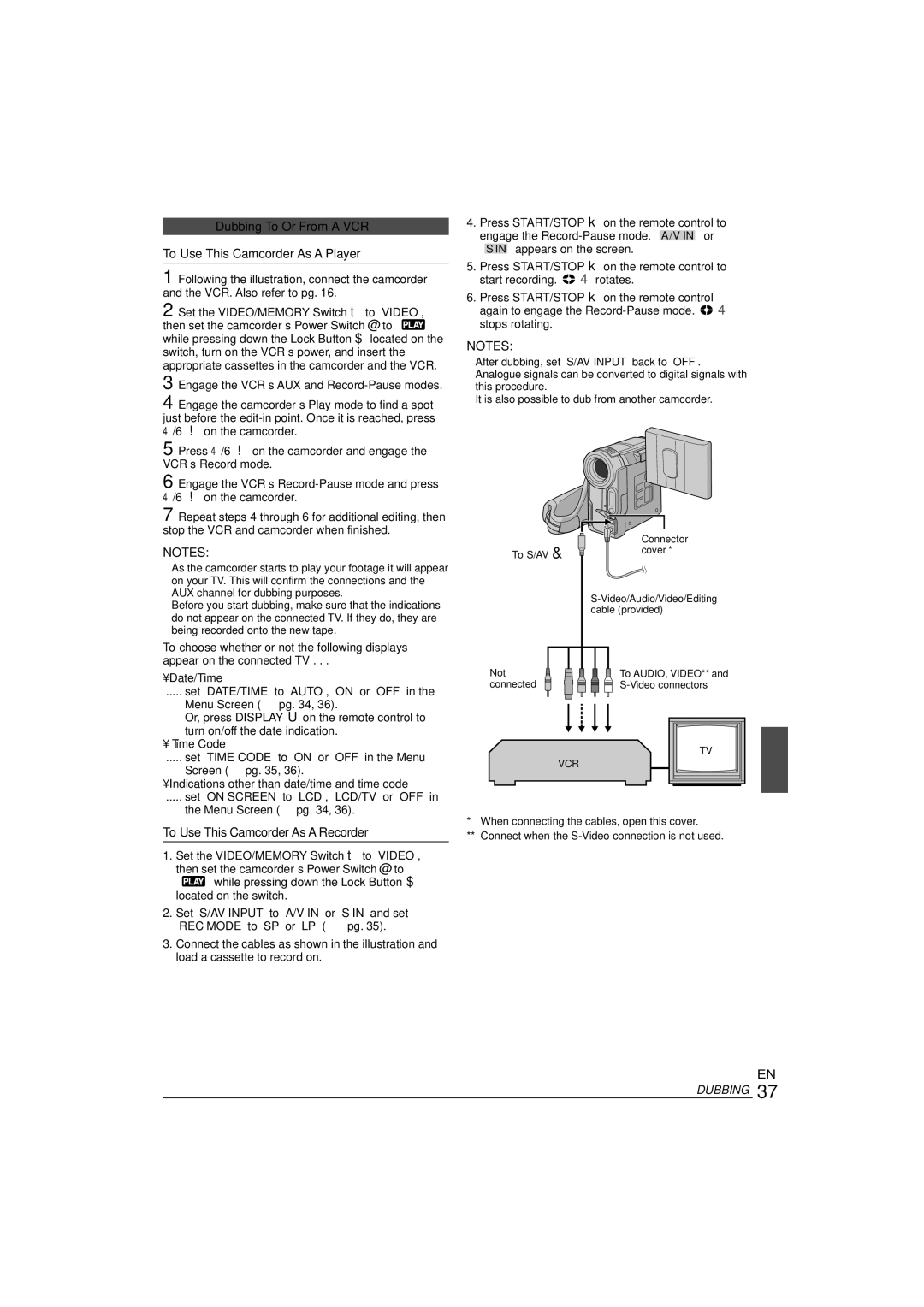 JVC 0303-MK-ID-SN manual Dubbing To Or From a VCR, To Use This Camcorder As a Player, To Use This Camcorder As a Recorder 