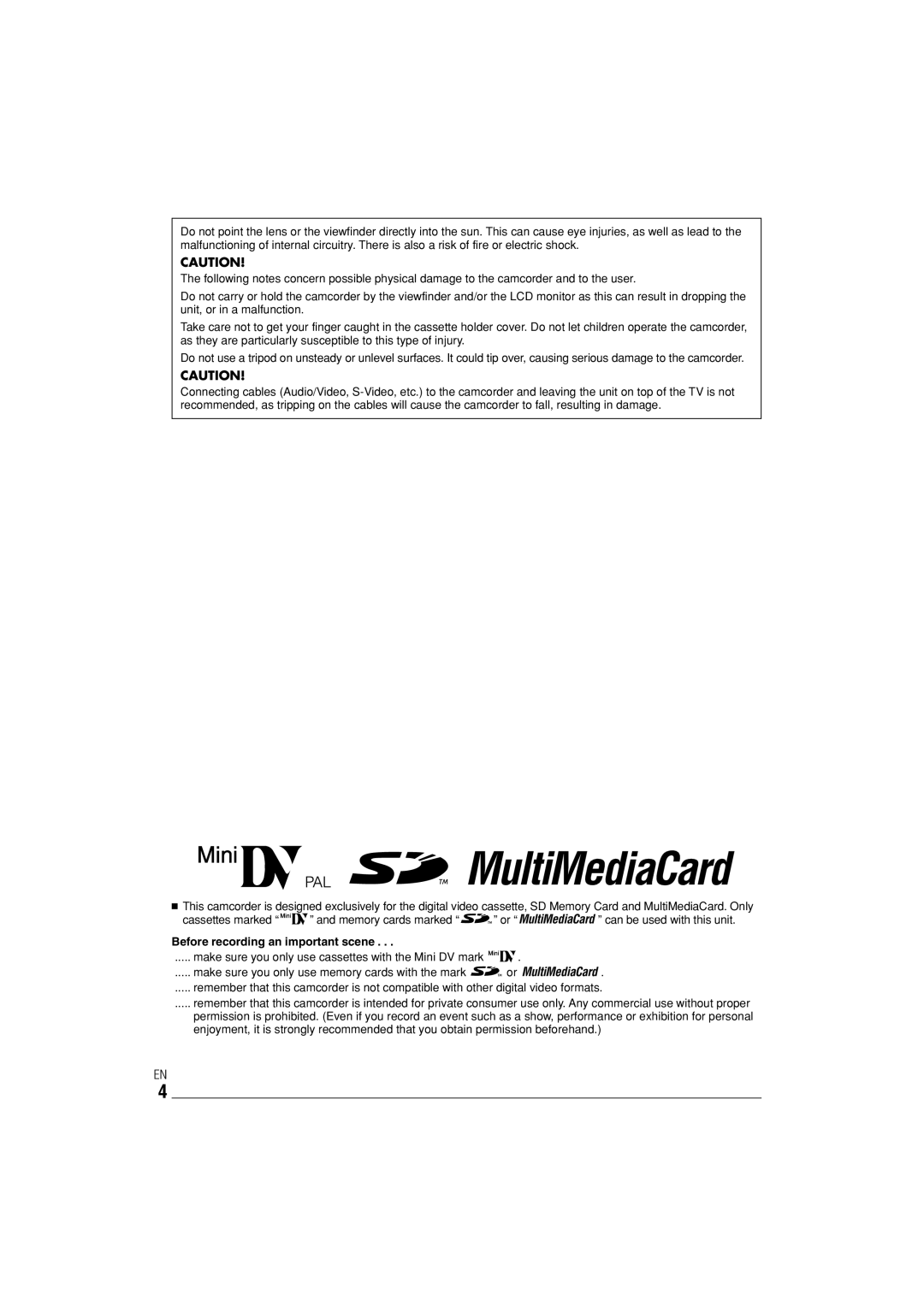 JVC ENLYT1127-001A, 0303-MK-ID-SN manual Before recording an important scene 