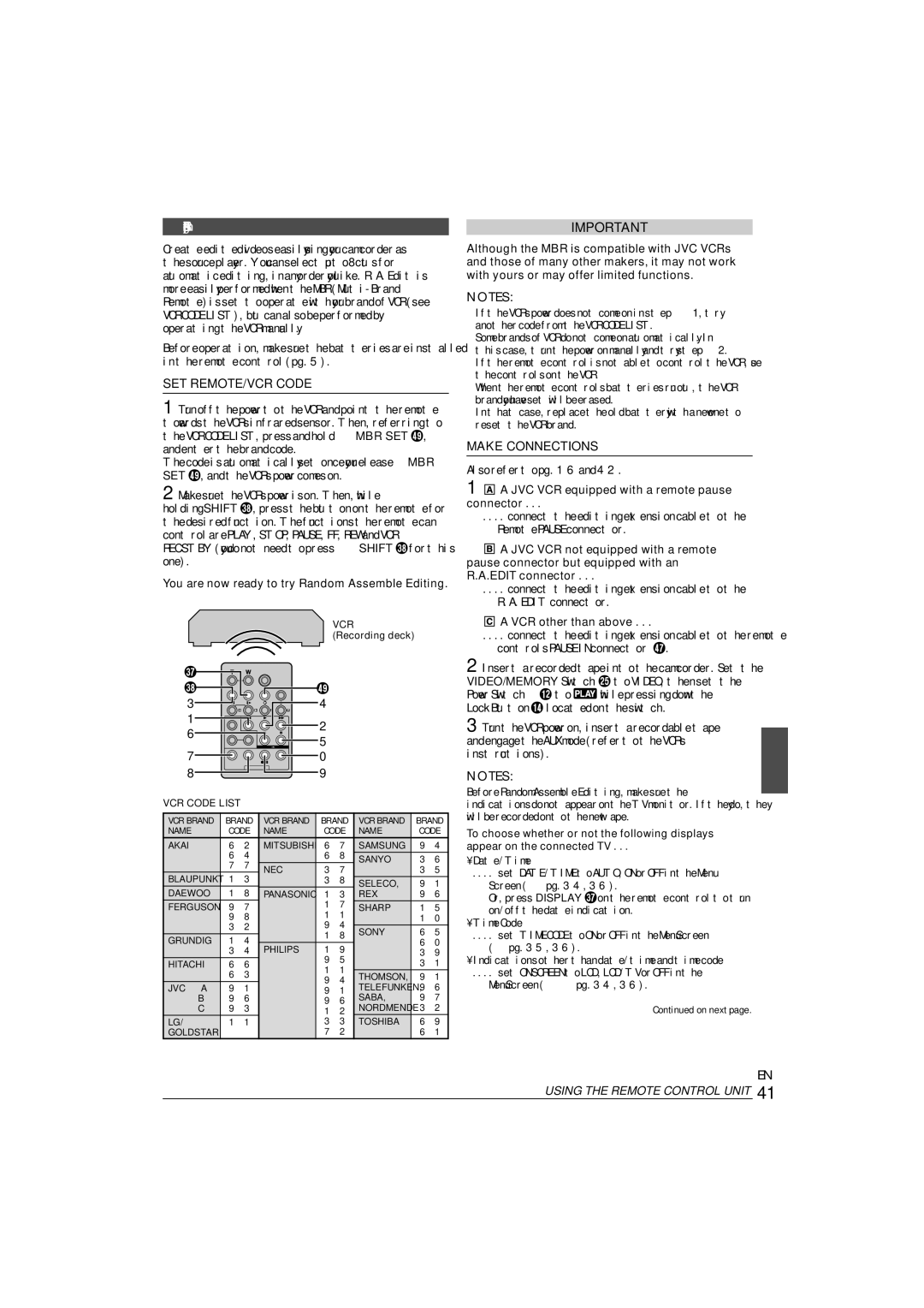 JVC 0303-MK-ID-SN, ENLYT1127-001A manual Random Assemble Editing R.A.Edit, SET REMOTE/VCR Code, Make Connections 