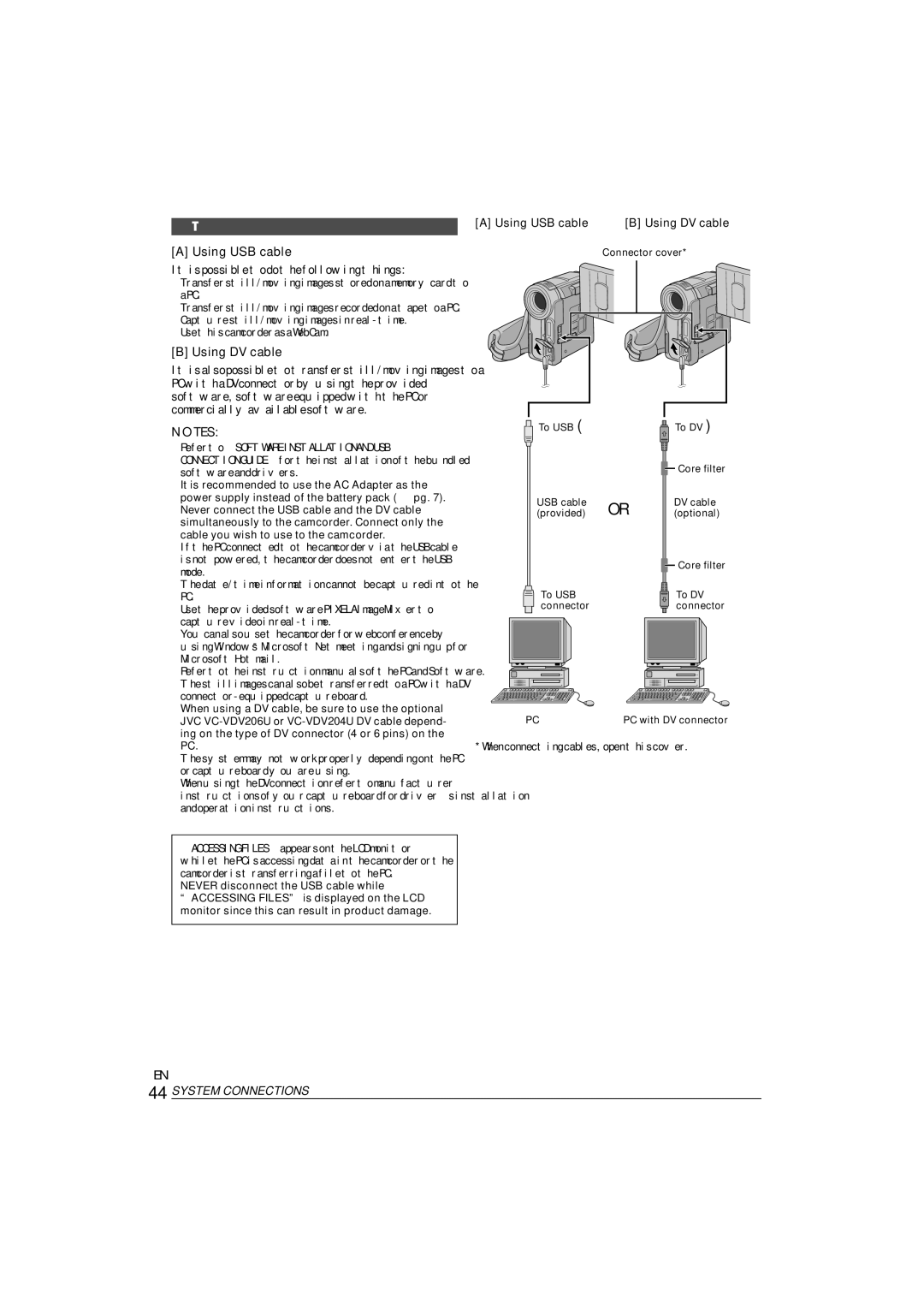 JVC ENLYT1127-001A, 0303-MK-ID-SN Connection To a Personal Computer, Using USB cable, Using DV cable, System Connections 